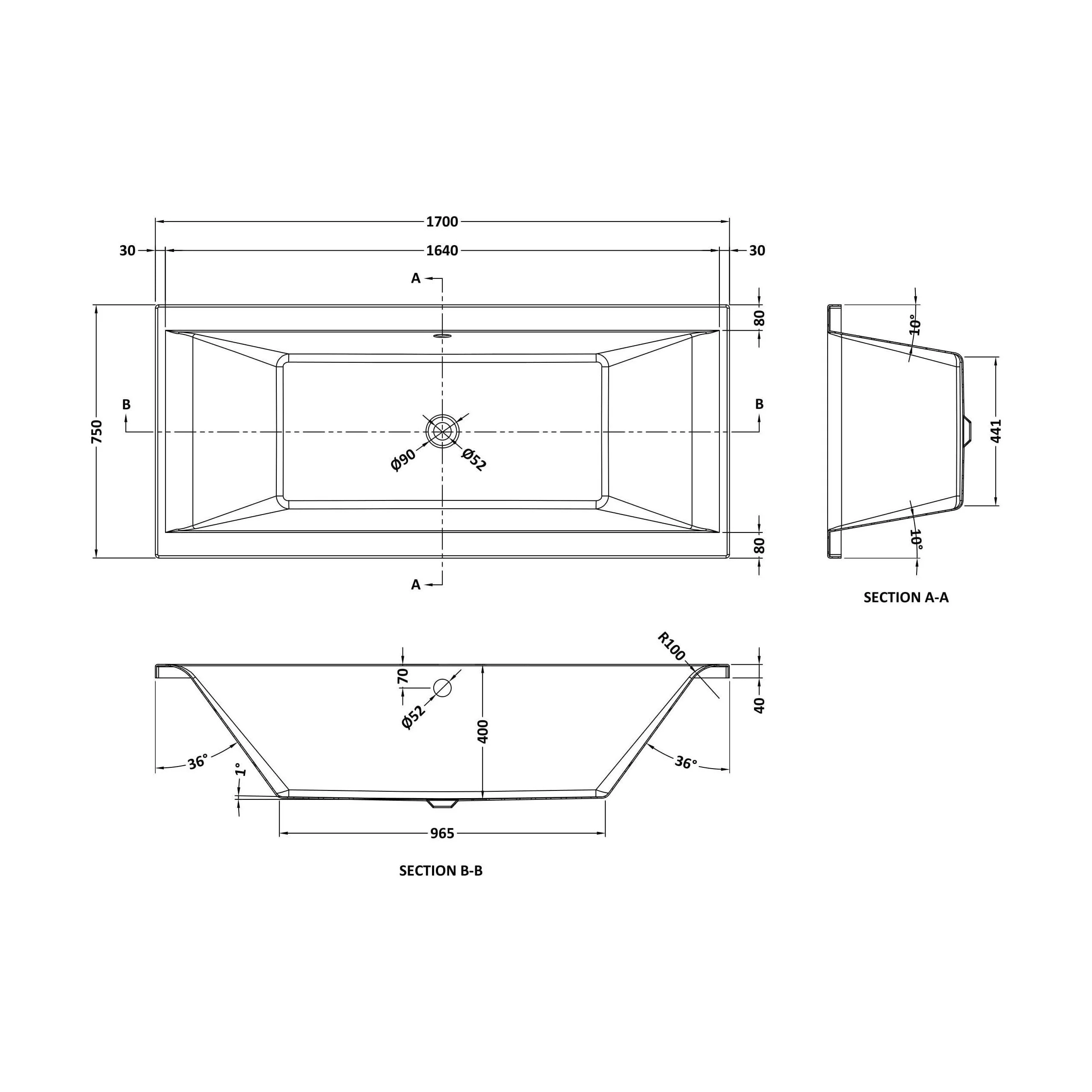 Square DE Bath with Leg Set 1700x750 EL - Image 2