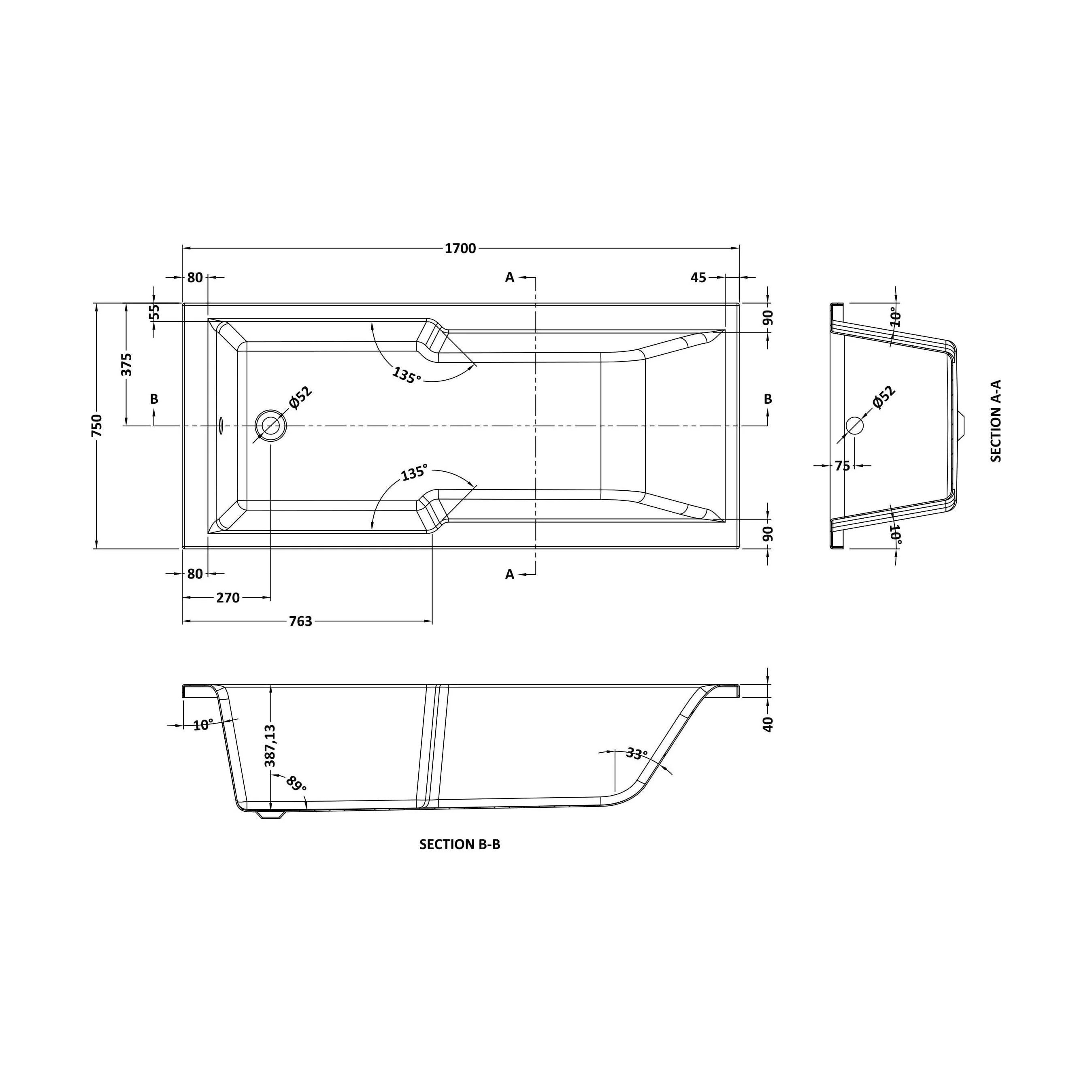 Square Straight Shower Bath 1700x750 EL - Image 2