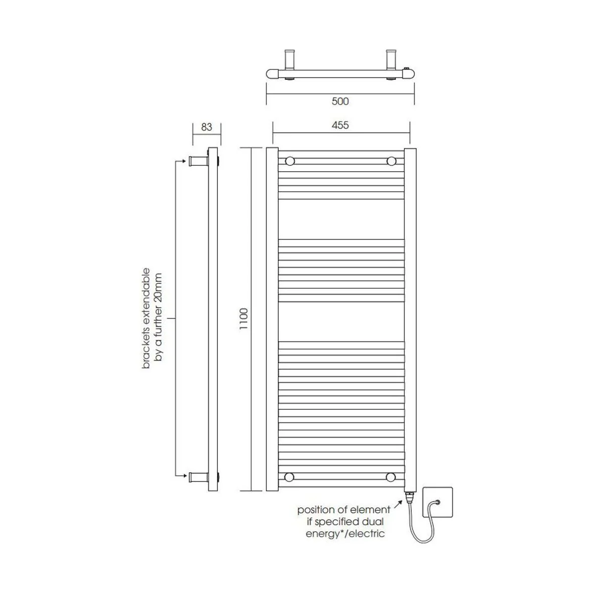 Yarnfield Straight Heated Rail Dual Fuel Towel Warmer, 500mm - Choice of Size and Colour - Image 34