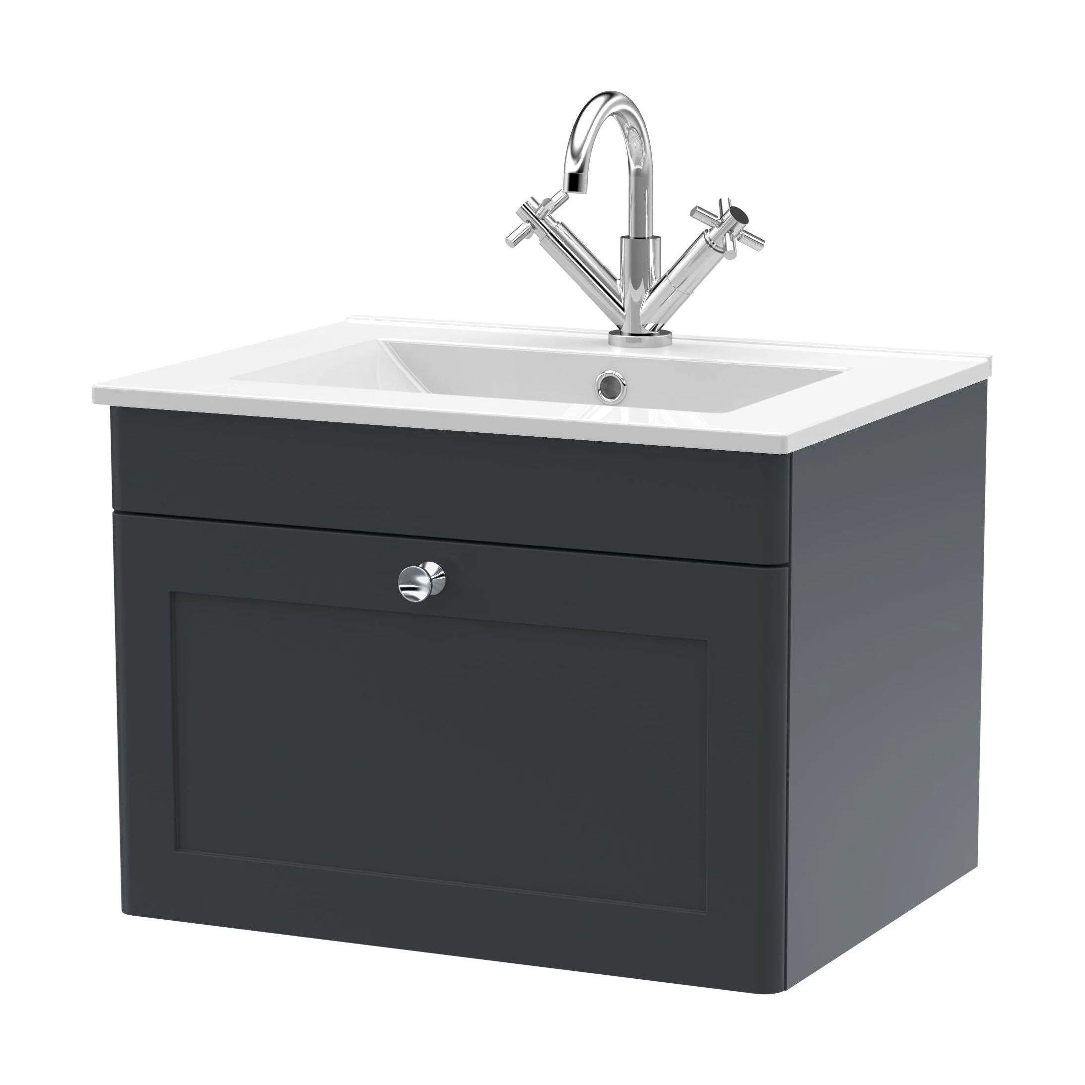 Swynnerton Traditional 1 Drawer Wall Hung Vanity Unit with Basin, Dark Grey, 600mm