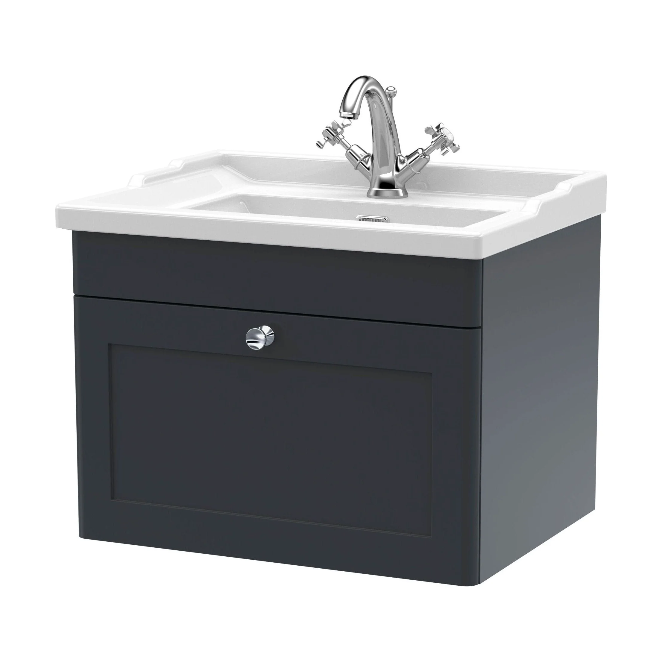 Swynnerton Traditional 1 Drawer Wall Hung Vanity Unit with Basin, Dark Grey, 600mm