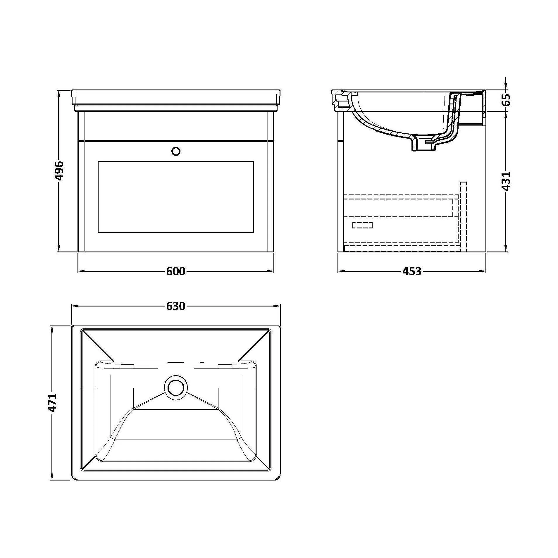 Swynnerton Traditional 1 Drawer Wall Hung Vanity Unit with Basin, Dark Grey, 600mm - Image 2