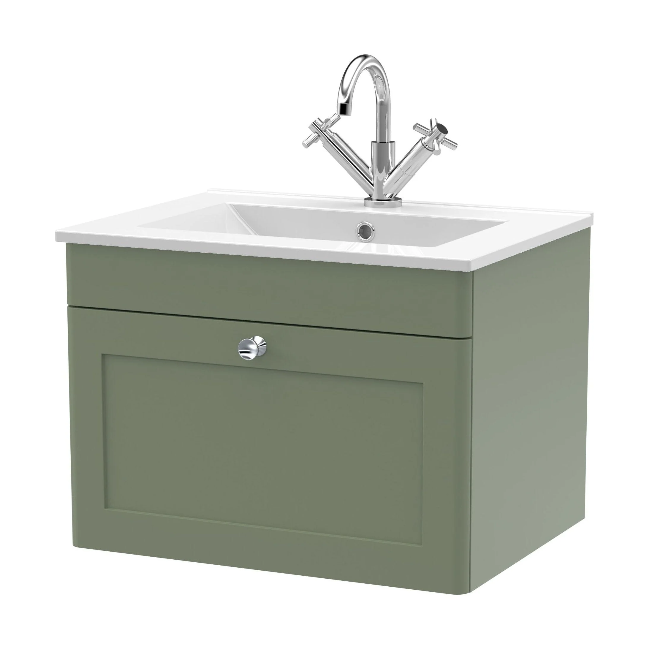Swynnerton Traditional 1 Drawer Wall Hung Vanity Unit with Basin, Satin Green, 600mm