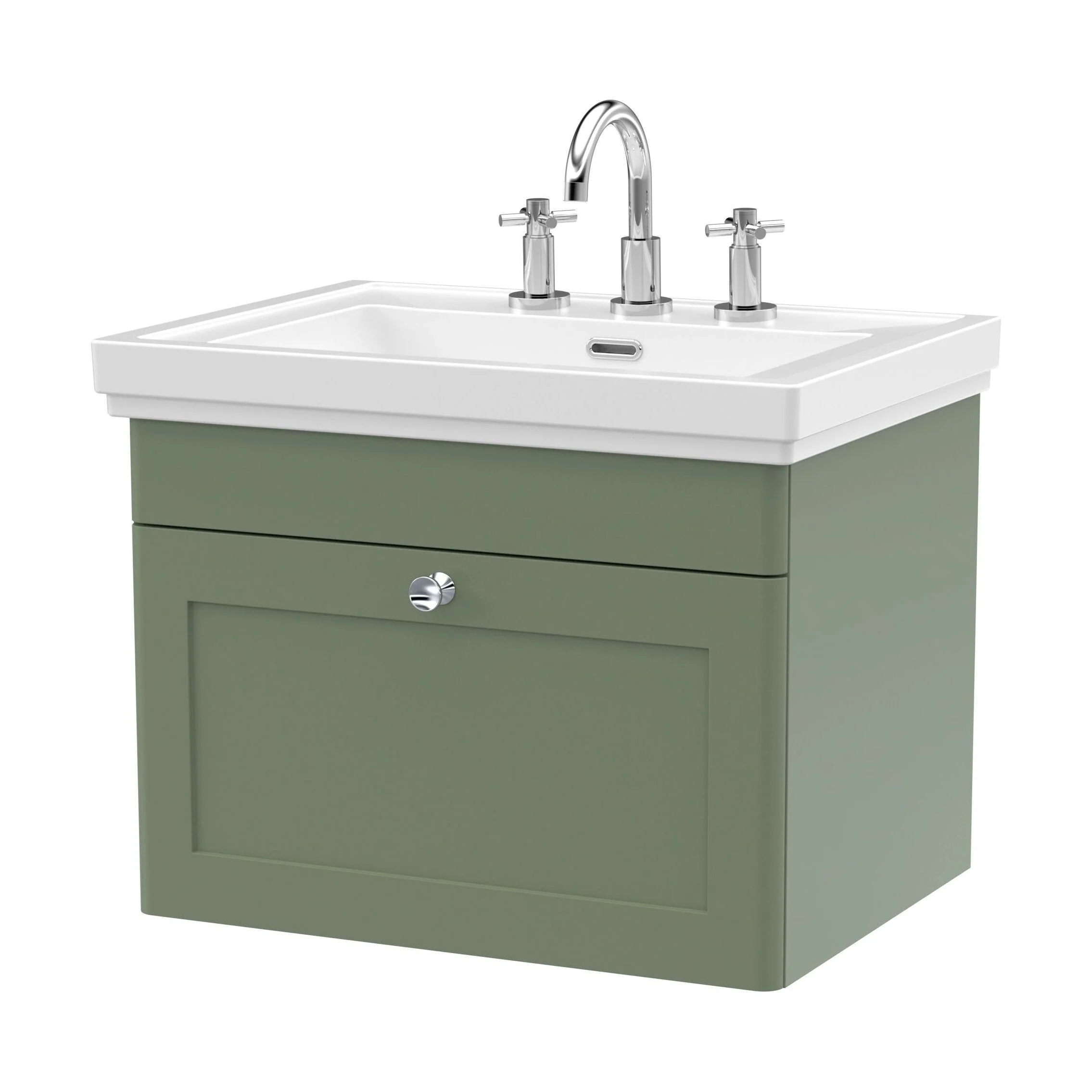 Swynnerton Traditional 1 Drawer Wall Hung Vanity Unit with Basin, Satin Green, 600mm