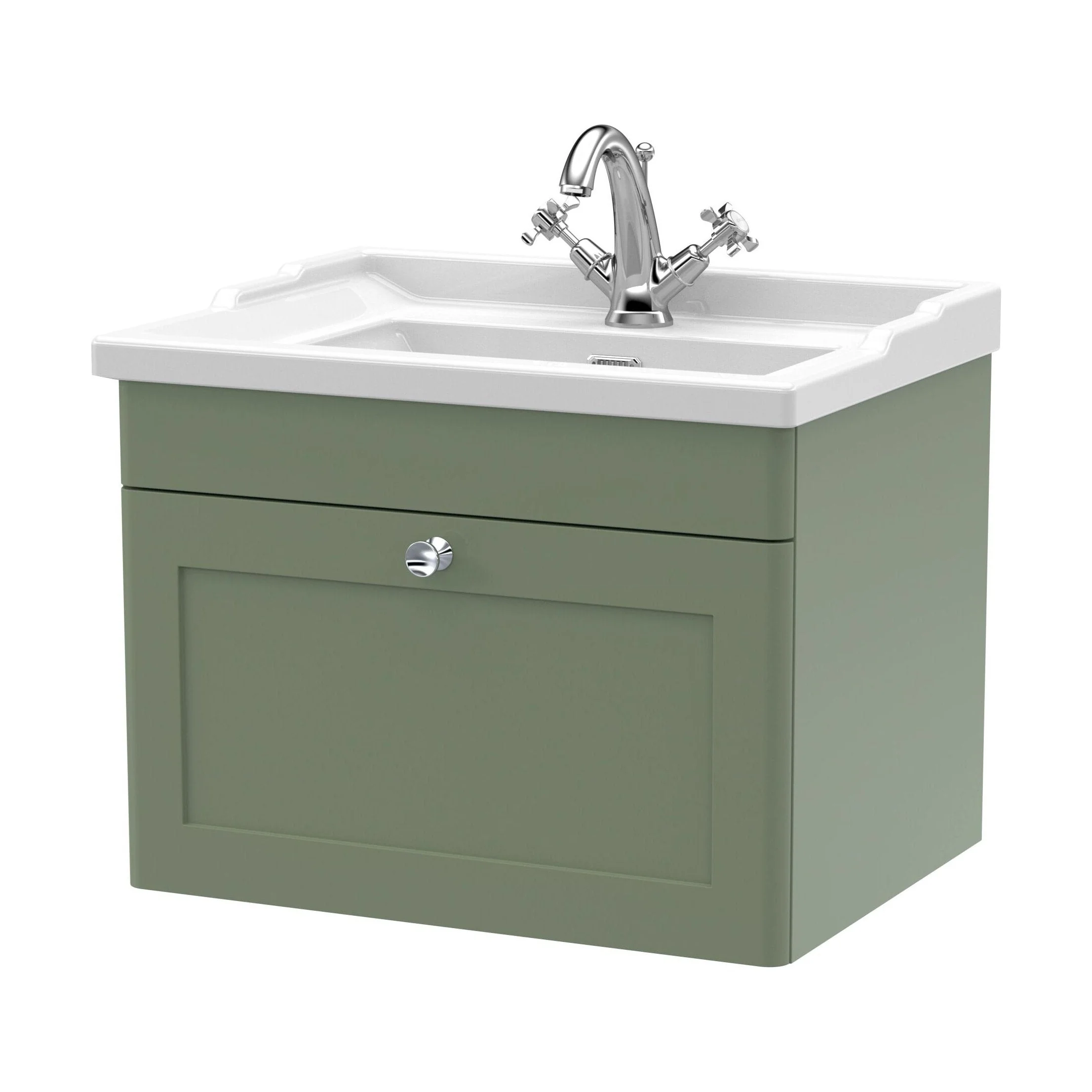 Swynnerton Traditional 1 Drawer Wall Hung Vanity Unit with Basin, Satin Green, 600mm