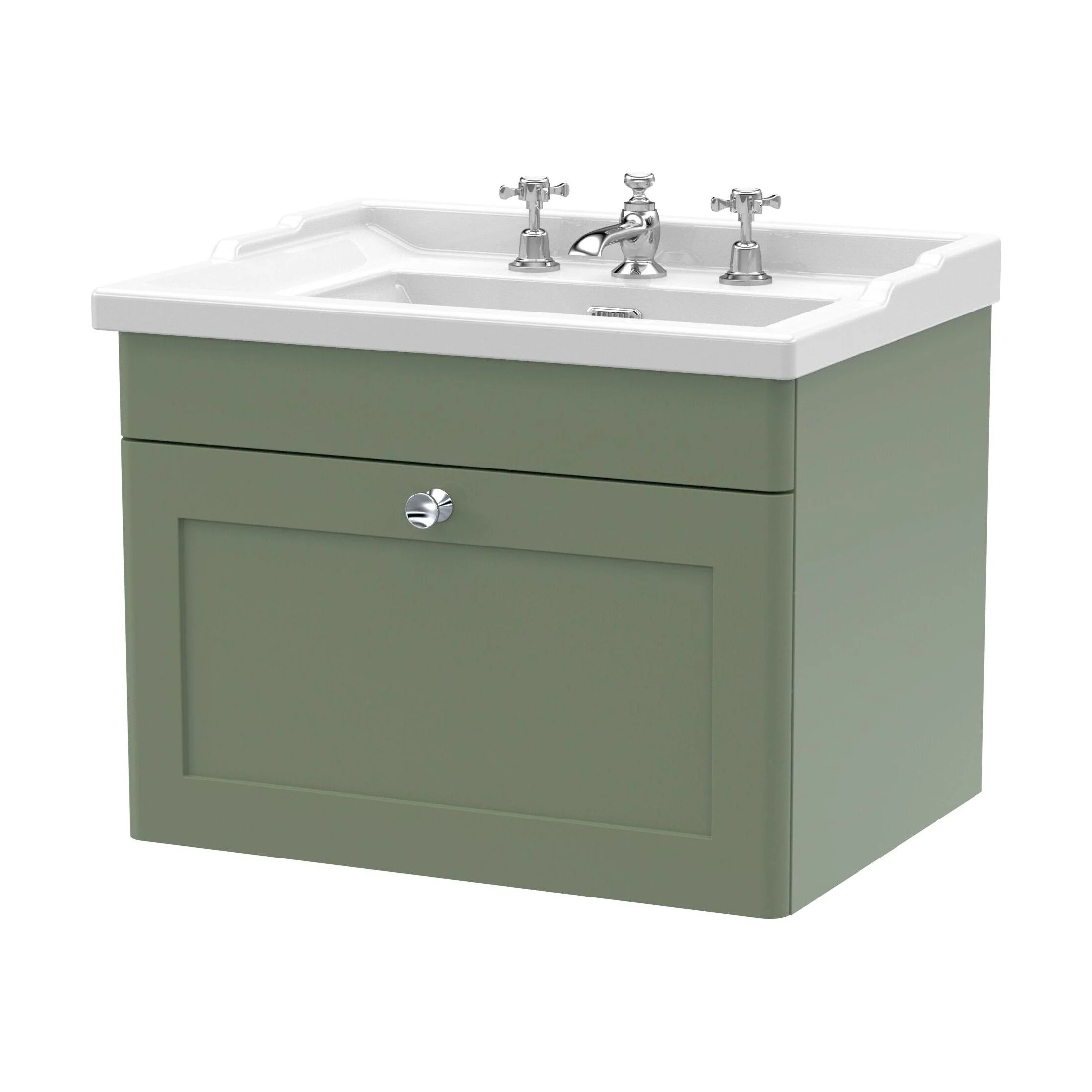 Swynnerton Traditional 1 Drawer Wall Hung Vanity Unit with Basin, Satin Green, 600mm