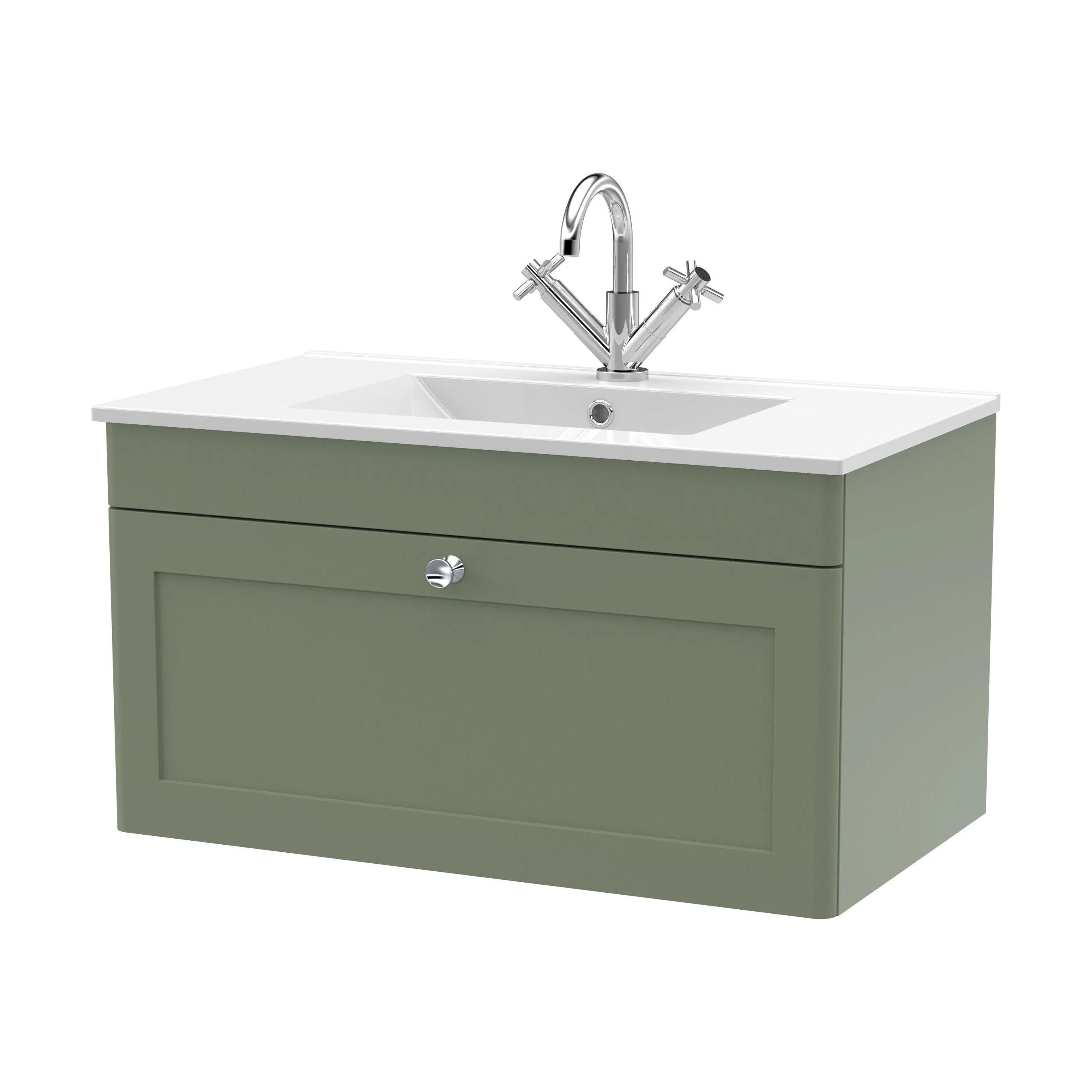 Swynnerton Traditional 1 Drawer Wall Hung Vanity Unit with Basin, Satin Green, 800mm