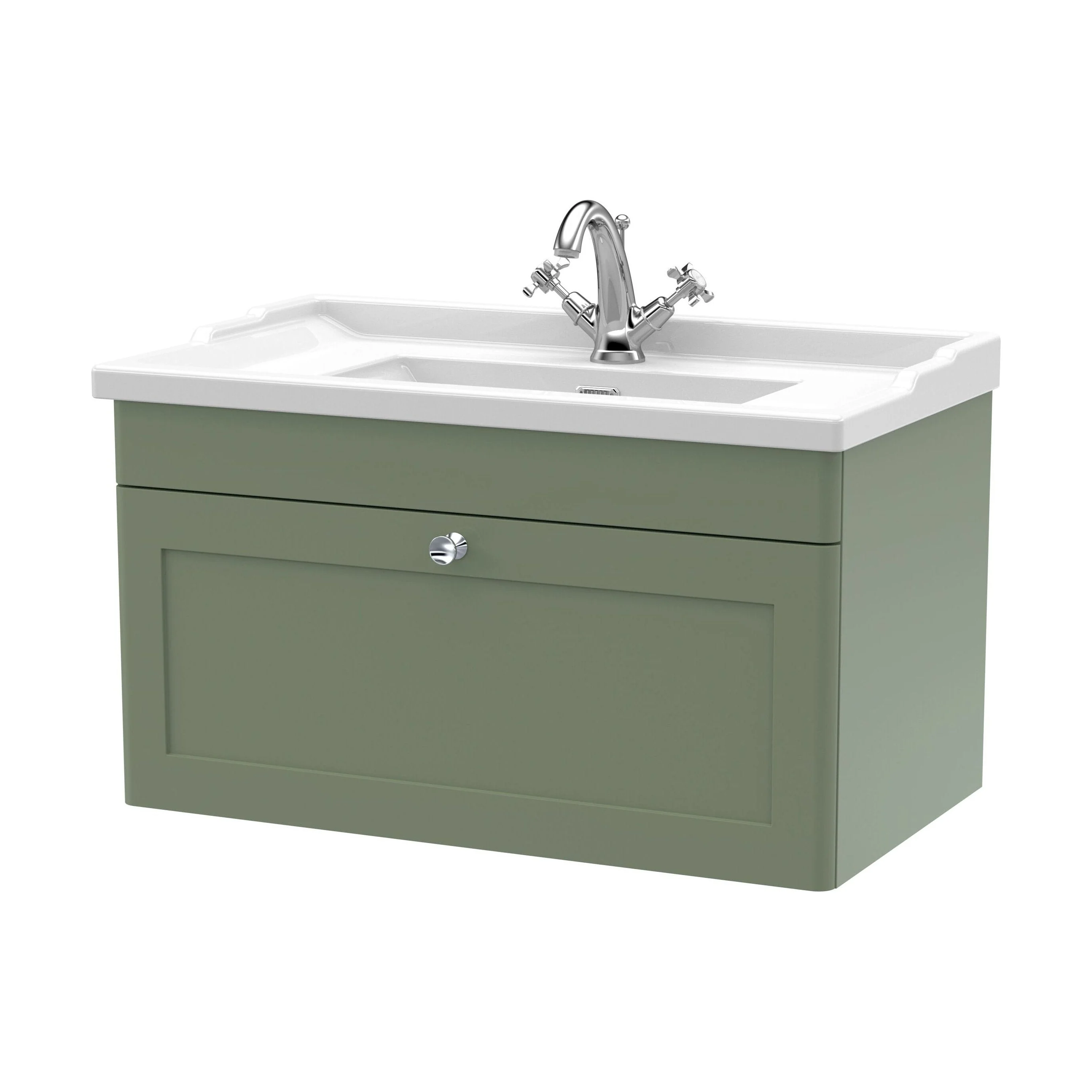 Swynnerton Traditional 1 Drawer Wall Hung Vanity Unit with Basin, Satin Green, 800mm