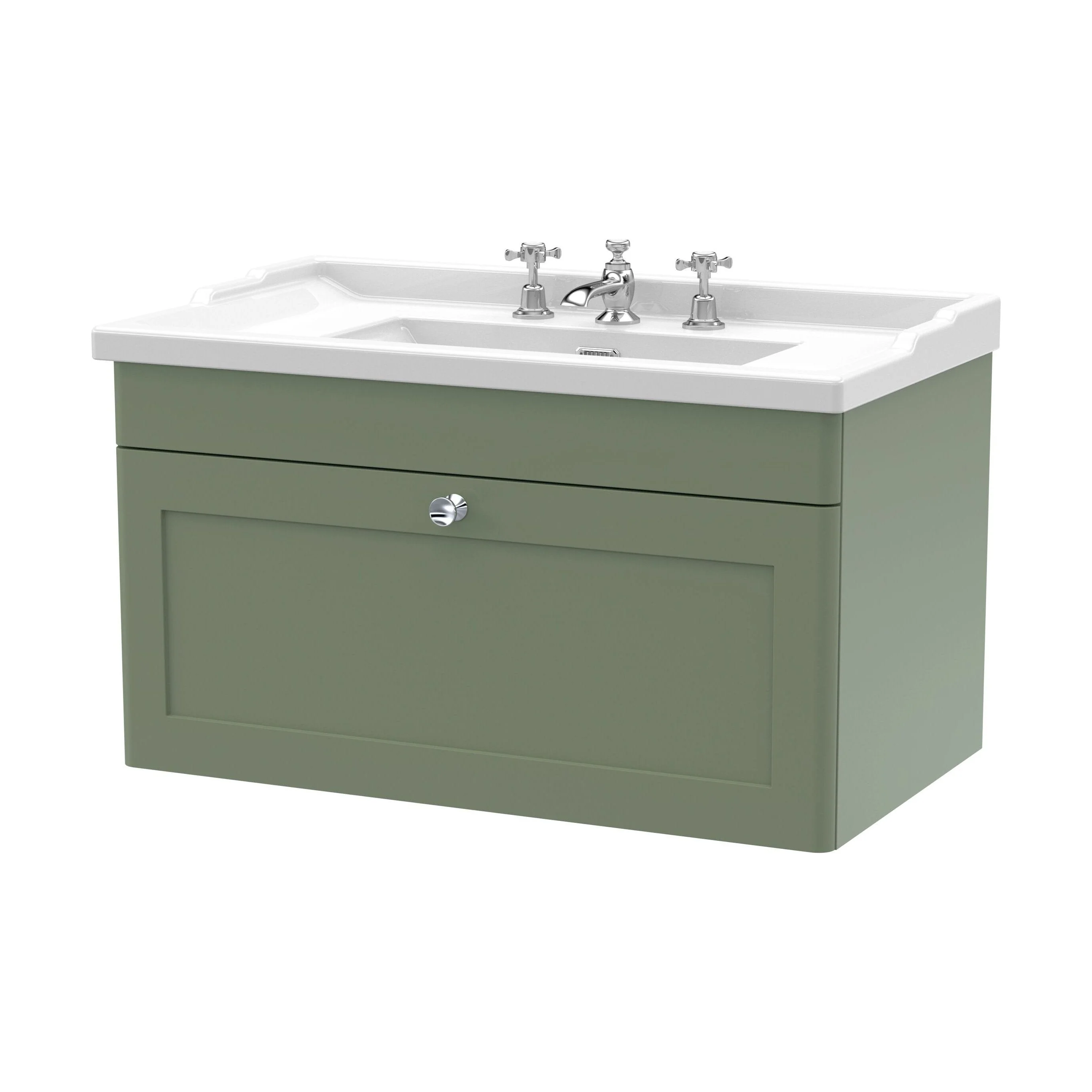 Swynnerton Traditional 1 Drawer Wall Hung Vanity Unit with Basin, Satin Green, 800mm
