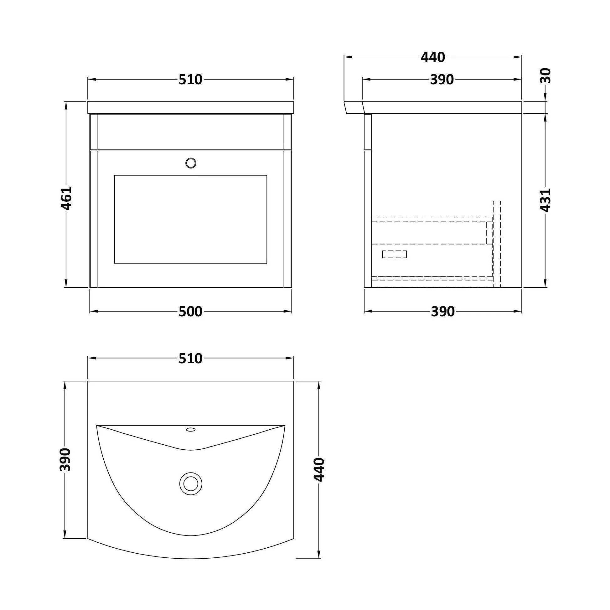 Swynnerton Traditional 1 Drawer Wall Hung Vanity Unit with Basin, Satin Grey, 500mm - Image 2