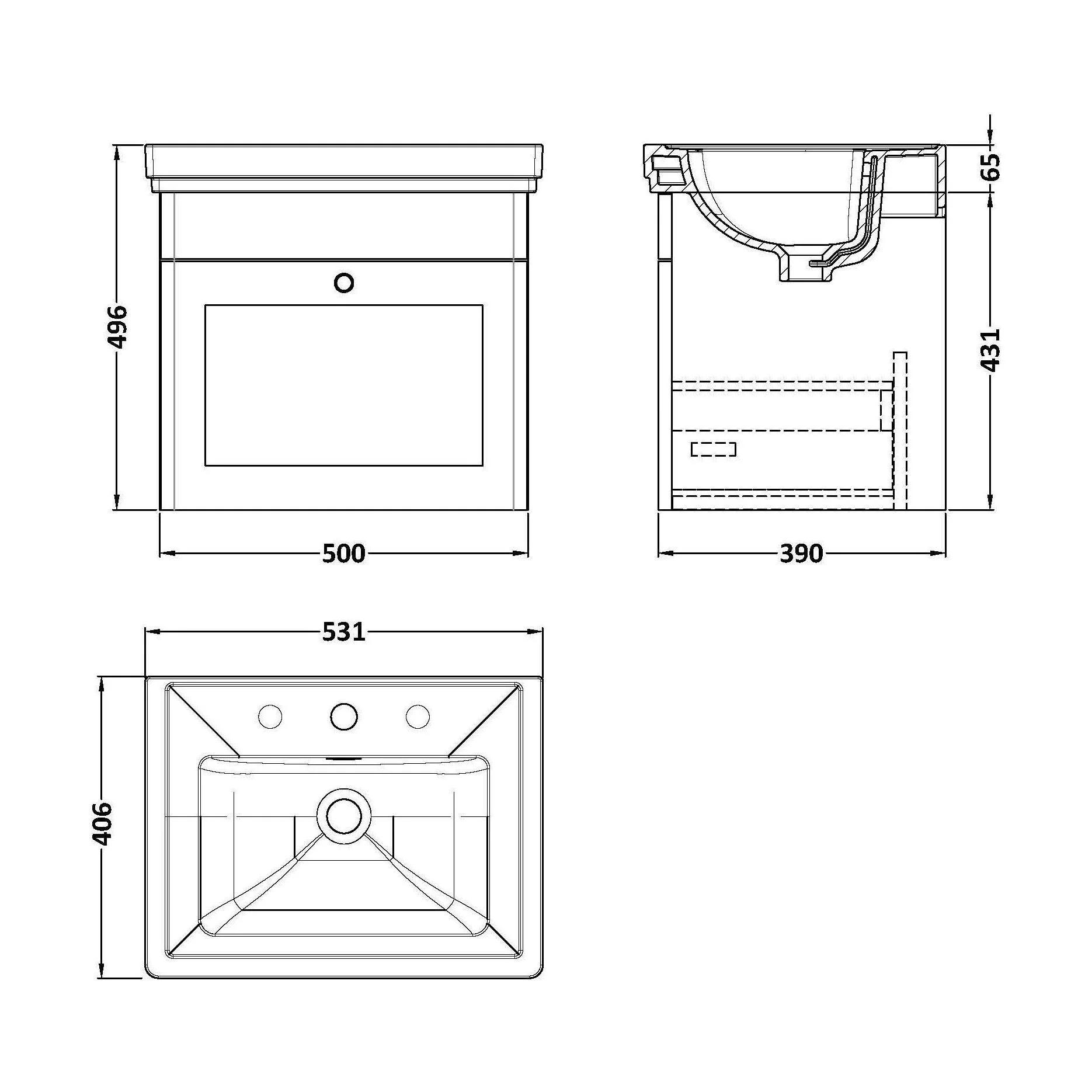 Swynnerton Traditional 1 Drawer Wall Hung Vanity Unit with Basin, Satin Grey, 500mm - Image 2