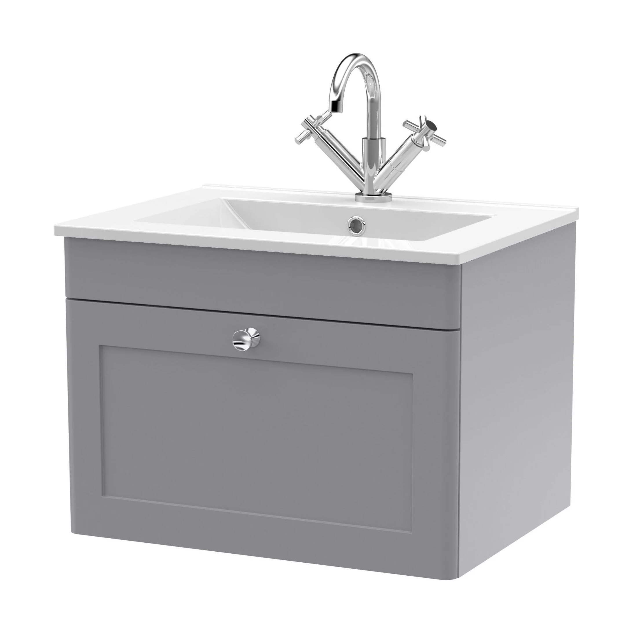 Swynnerton Traditional 1 Drawer Wall Hung Vanity Unit with Basin, Satin Grey, 600mm