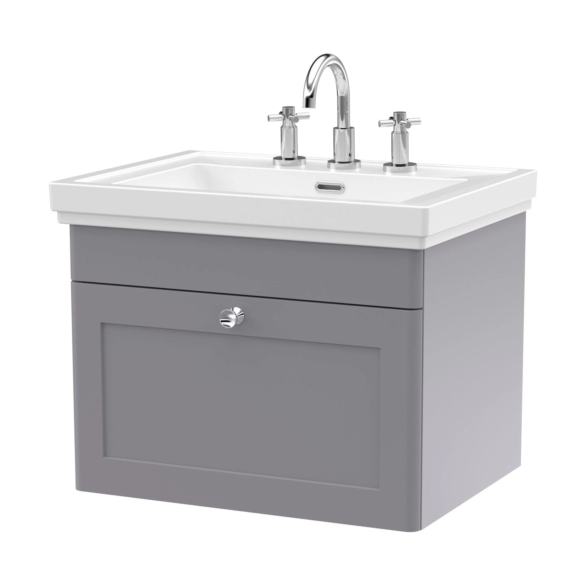 Swynnerton Traditional 1 Drawer Wall Hung Vanity Unit with Basin, Satin Grey, 600mm