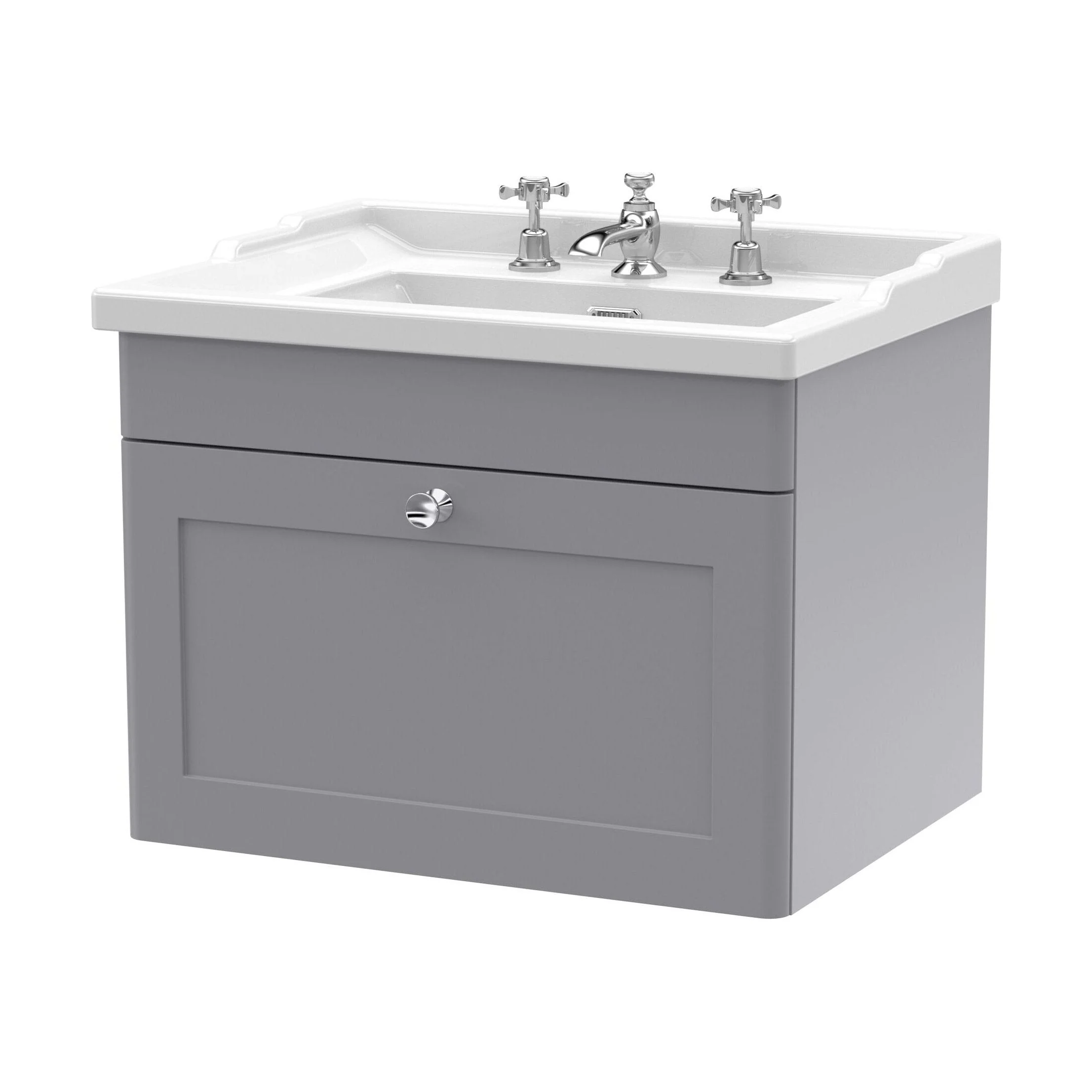 Swynnerton Traditional 1 Drawer Wall Hung Vanity Unit with Basin, Satin Grey, 600mm