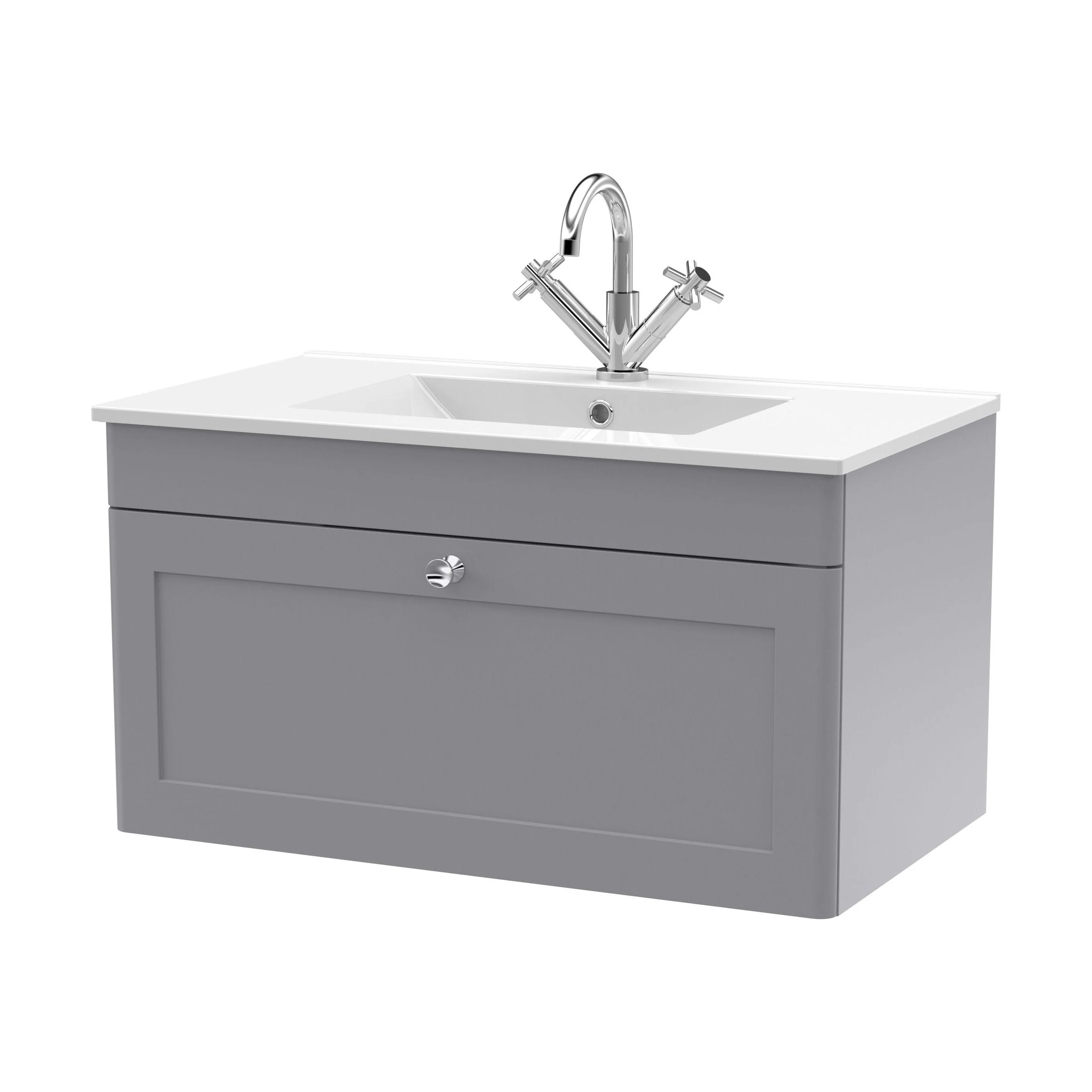Swynnerton Traditional 1 Drawer Wall Hung Vanity Unit with Basin, Satin Grey, 800mm