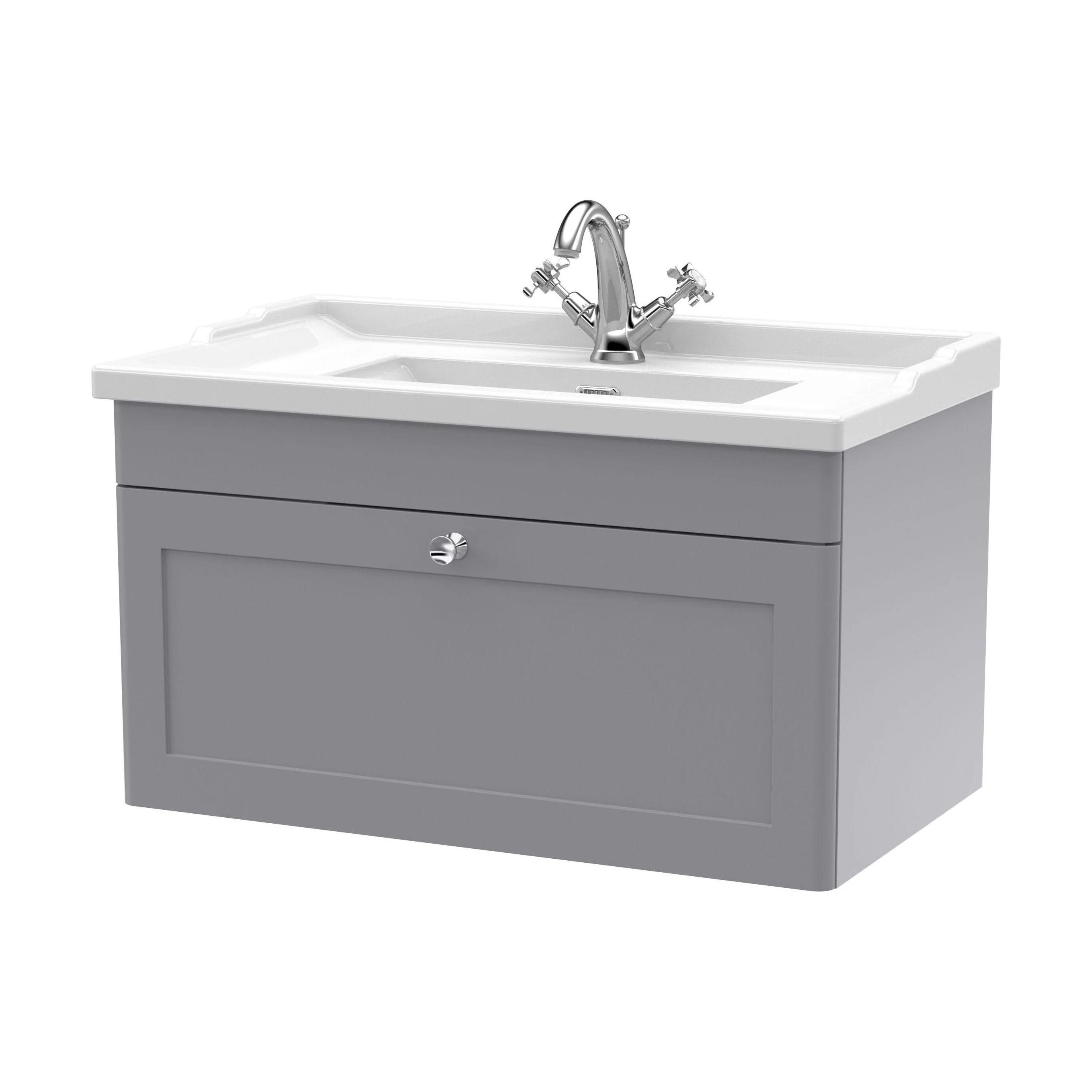 Swynnerton Traditional 1 Drawer Wall Hung Vanity Unit with Basin, Satin Grey, 800mm
