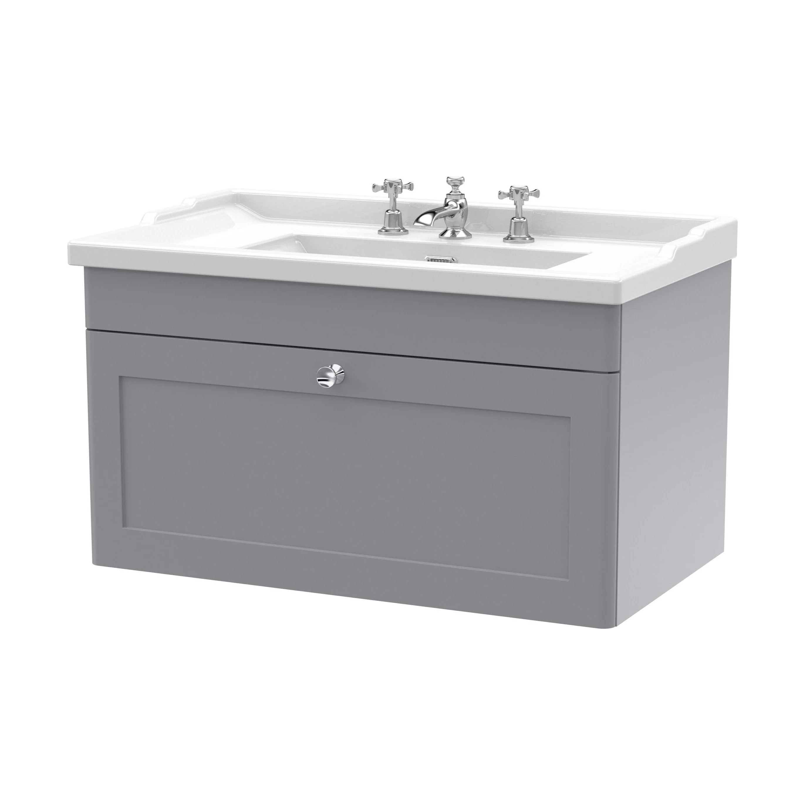 Swynnerton Traditional 1 Drawer Wall Hung Vanity Unit with Basin, Satin Grey, 800mm