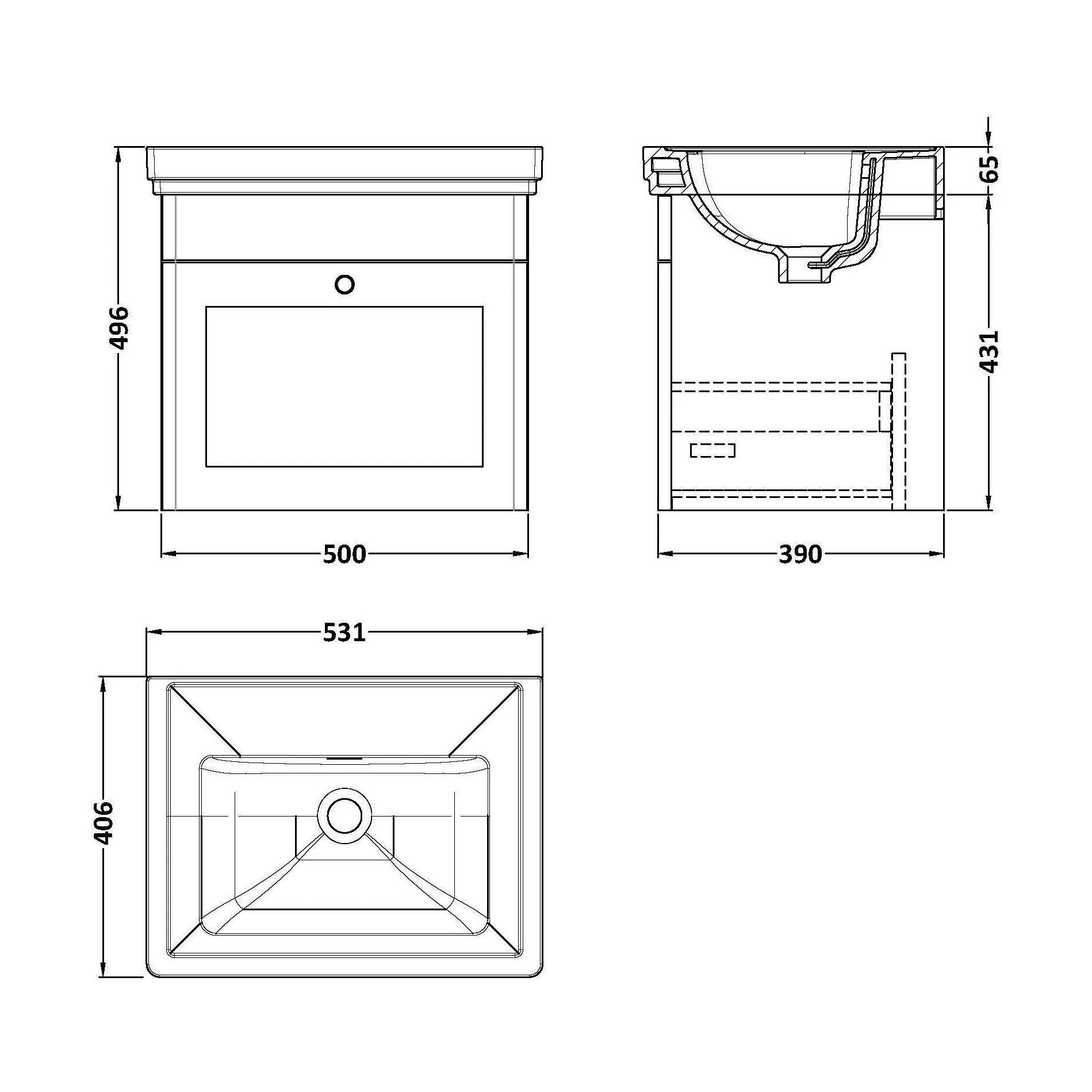 Swynnerton Traditional 1 Drawer Wall Hung Vanity Unit with Basin, Satin White, 500mm - Image 2