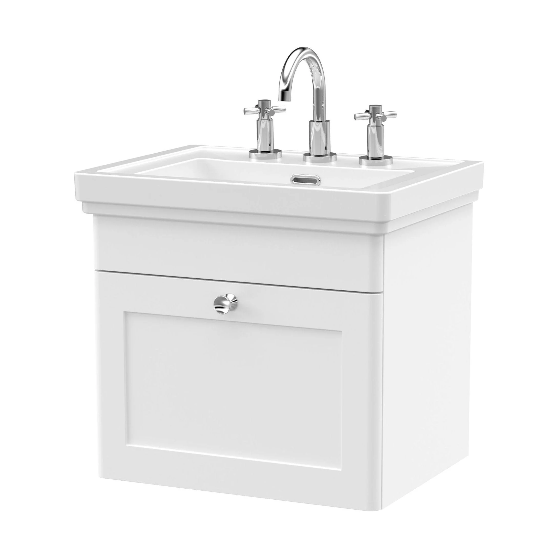 Swynnerton Traditional 1 Drawer Wall Hung Vanity Unit with Basin, Satin White, 500mm
