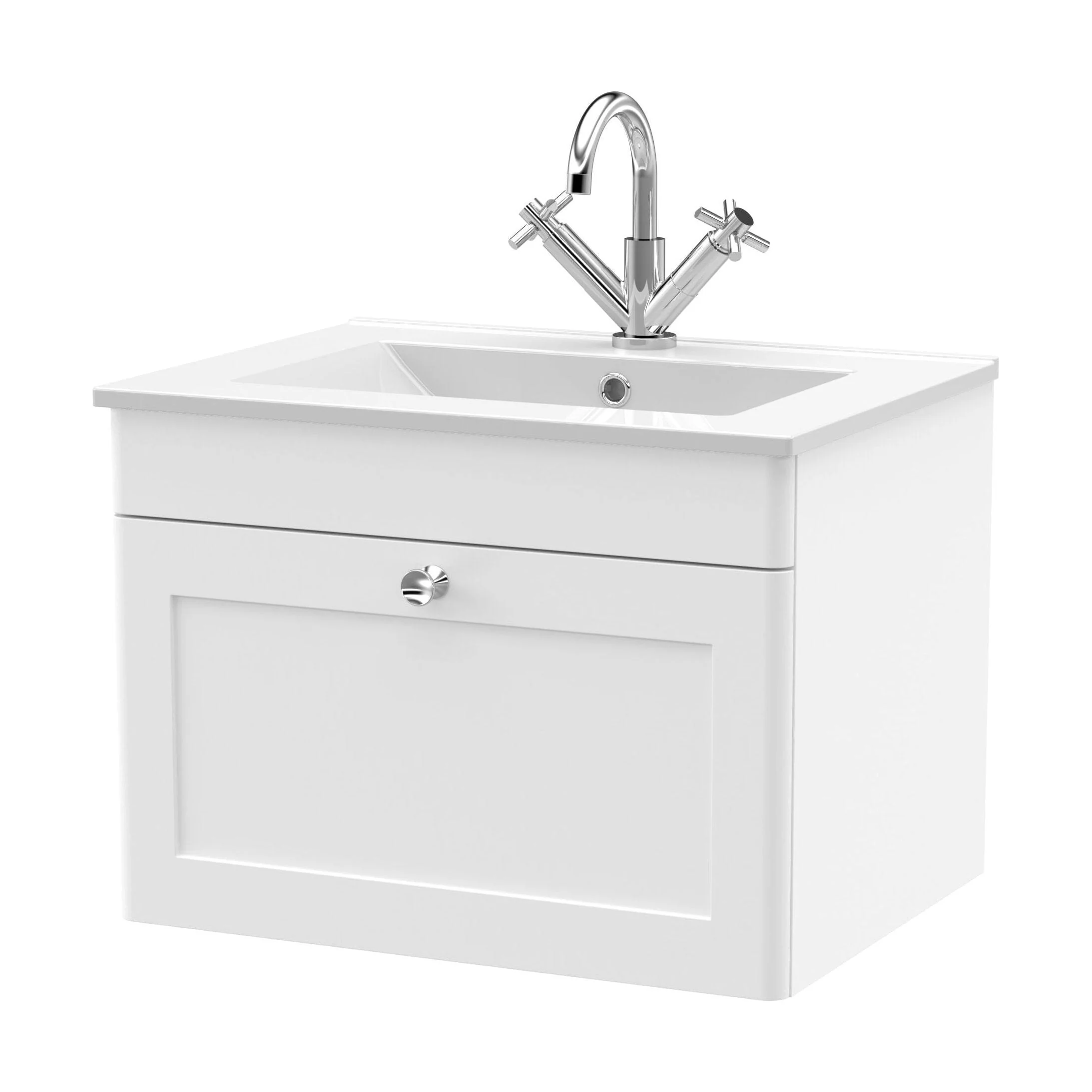 Swynnerton Traditional 1 Drawer Wall Hung Vanity Unit with Basin, Satin White, 600mm