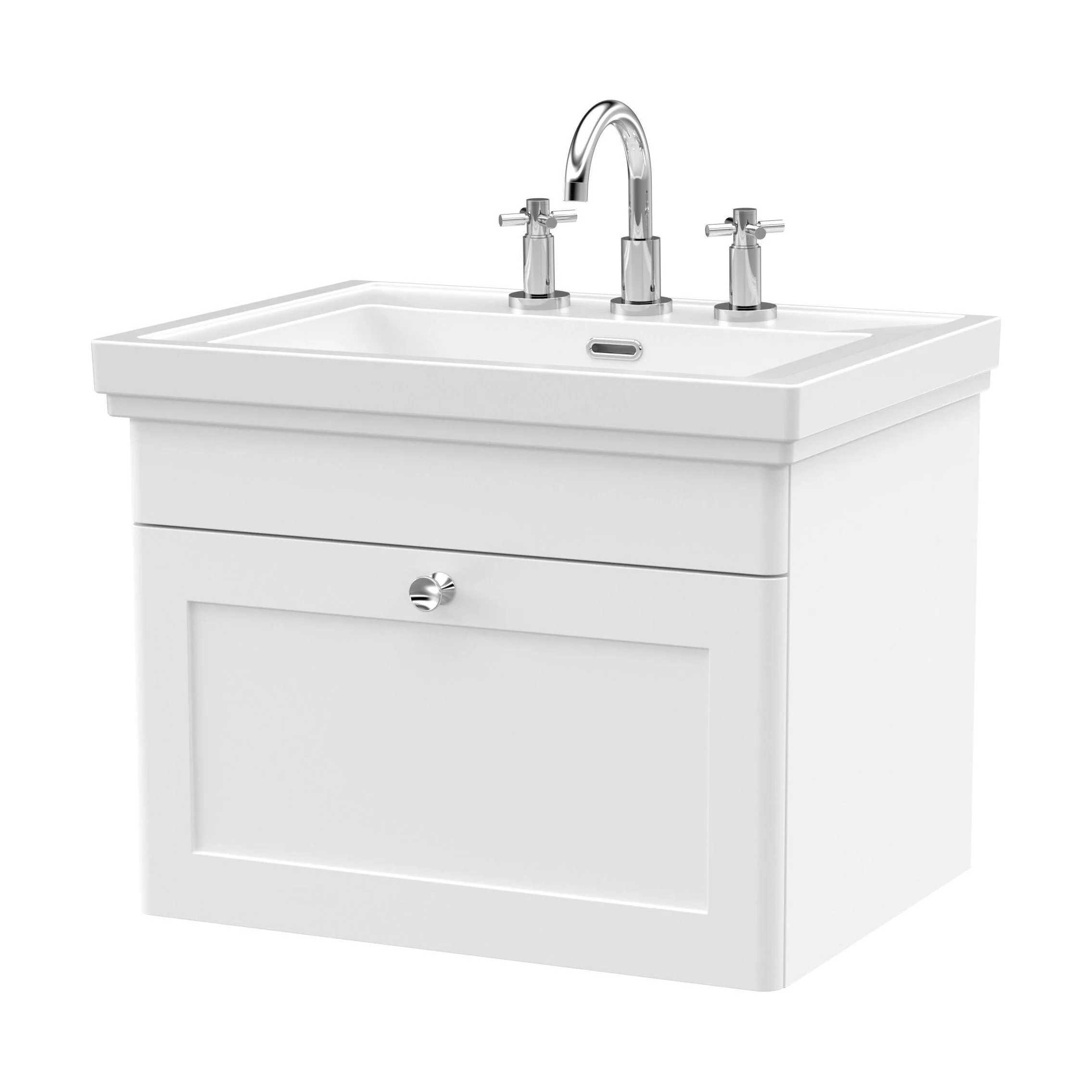 Swynnerton Traditional 1 Drawer Wall Hung Vanity Unit with Basin, Satin White, 600mm
