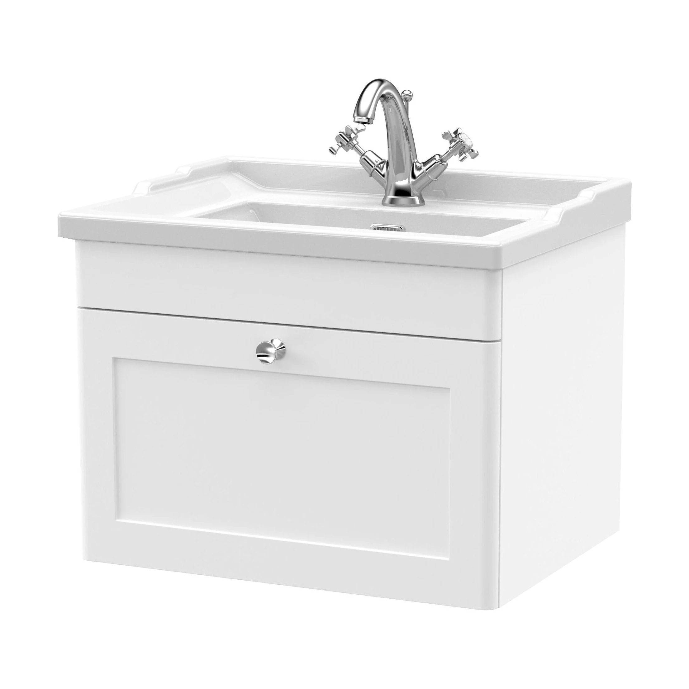 Swynnerton Traditional 1 Drawer Wall Hung Vanity Unit with Basin, Satin White, 600mm