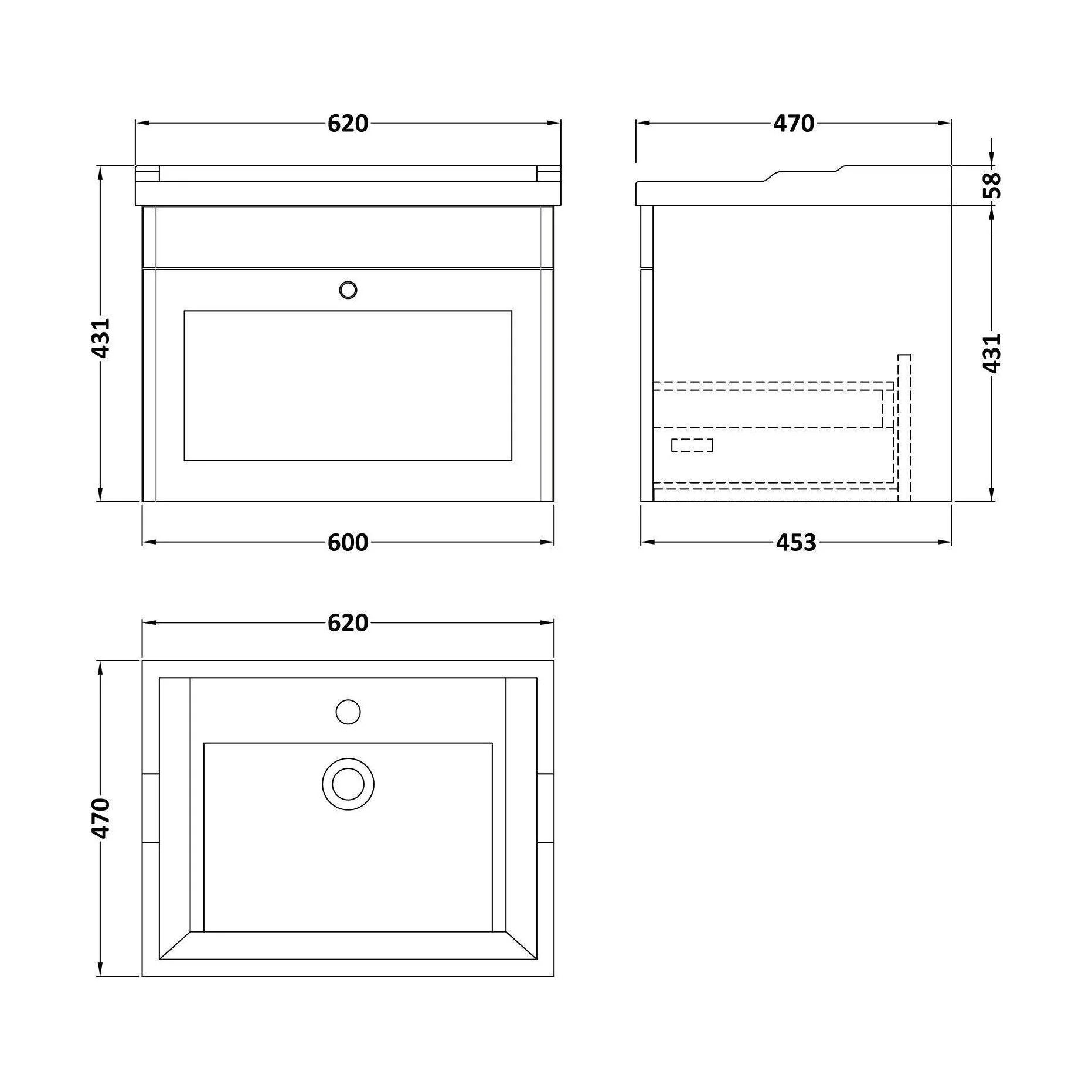 Swynnerton Traditional 1 Drawer Wall Hung Vanity Unit with Basin, Satin White, 600mm - Image 2