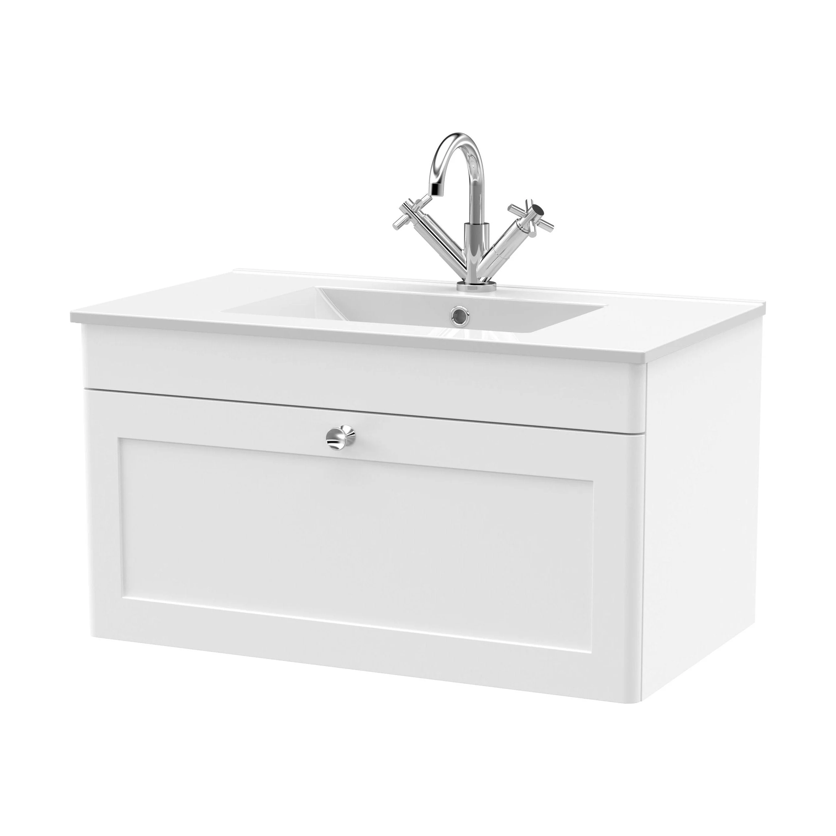 Swynnerton Traditional 1 Drawer Wall Hung Vanity Unit with Basin, Satin White, 800mm