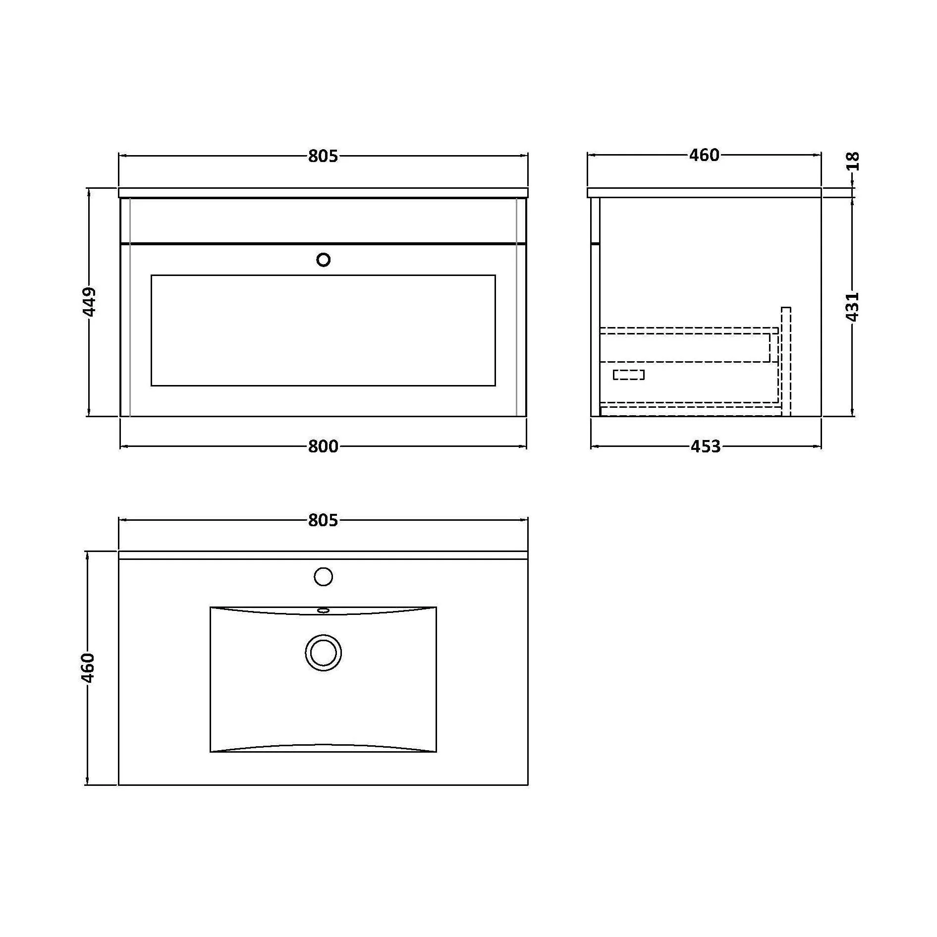 Swynnerton Traditional 1 Drawer Wall Hung Vanity Unit with Basin, Satin White, 800mm - Image 2