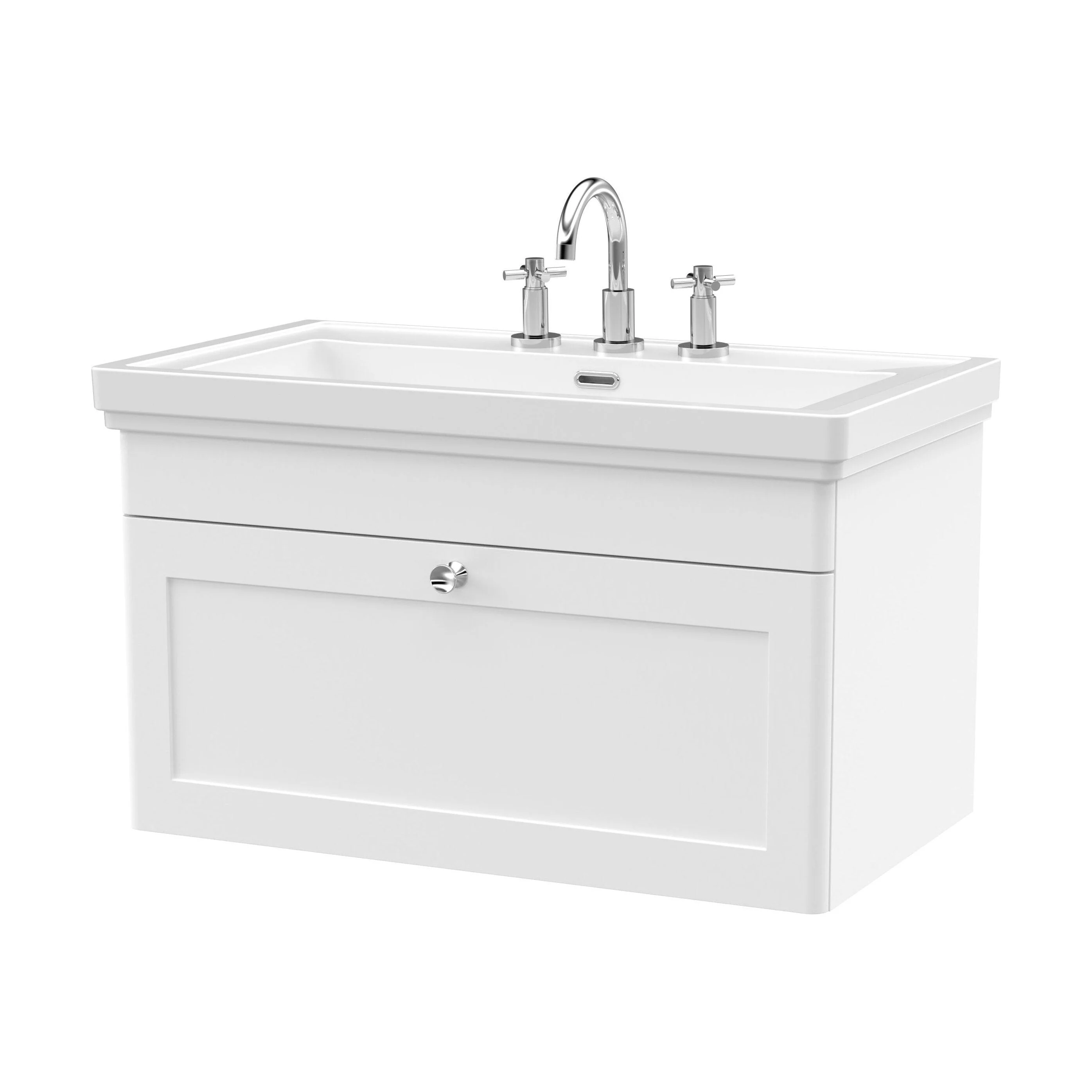 Swynnerton Traditional 1 Drawer Wall Hung Vanity Unit with Basin, Satin White, 800mm