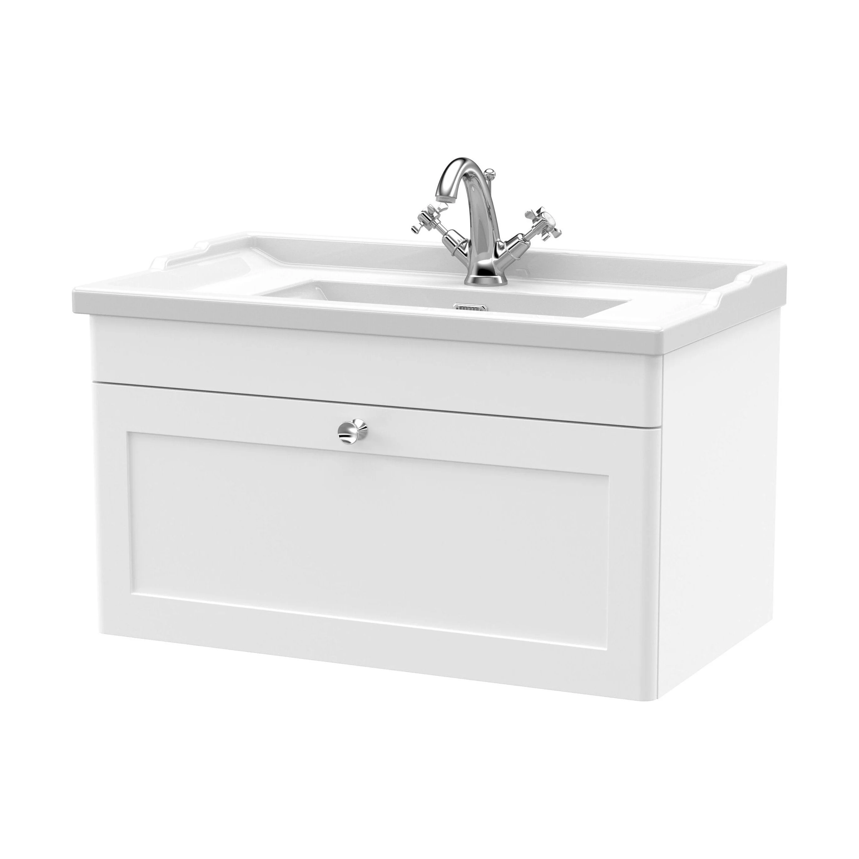 Swynnerton Traditional 1 Drawer Wall Hung Vanity Unit with Basin, Satin White, 800mm