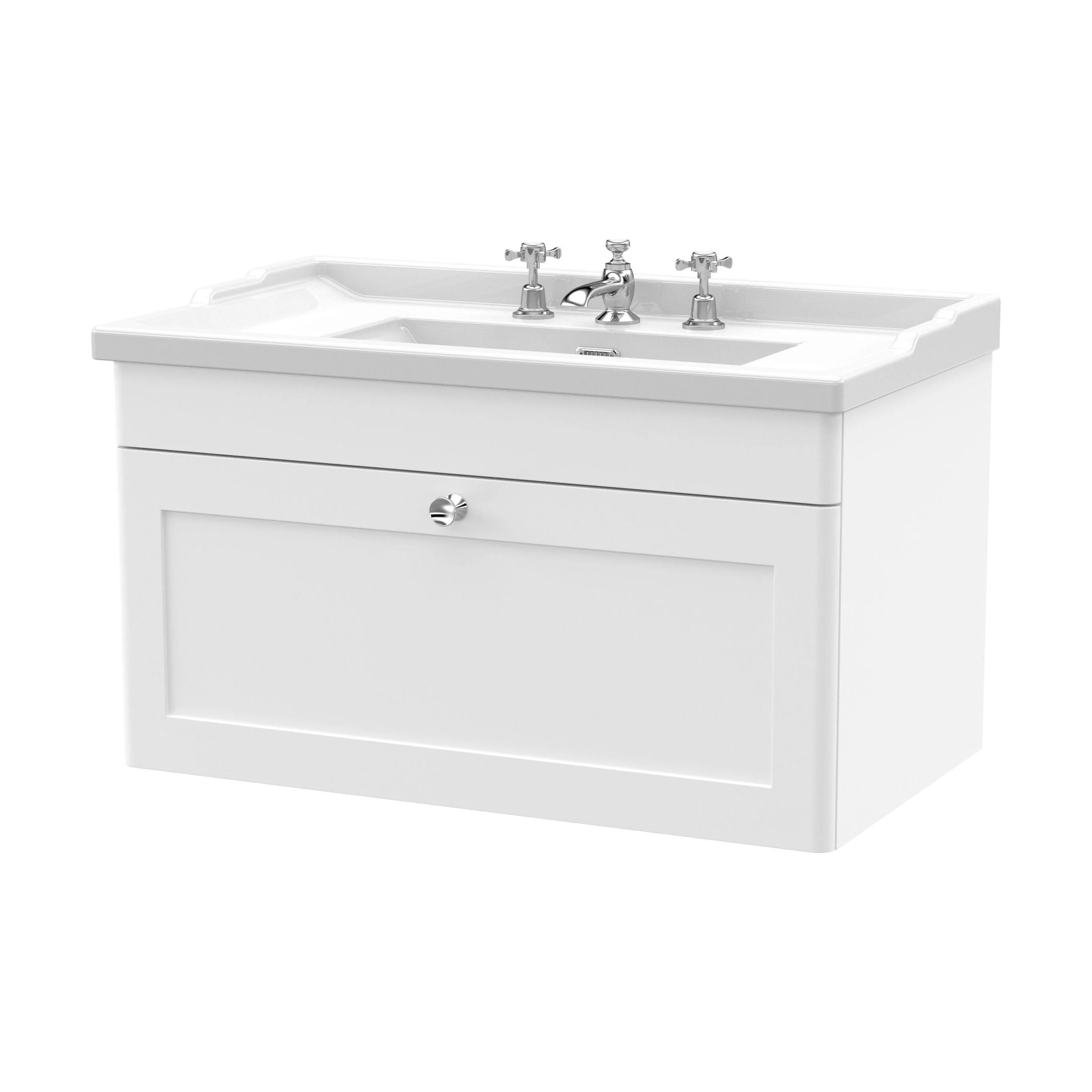 Swynnerton Traditional 1 Drawer Wall Hung Vanity Unit with Basin, Satin White, 800mm