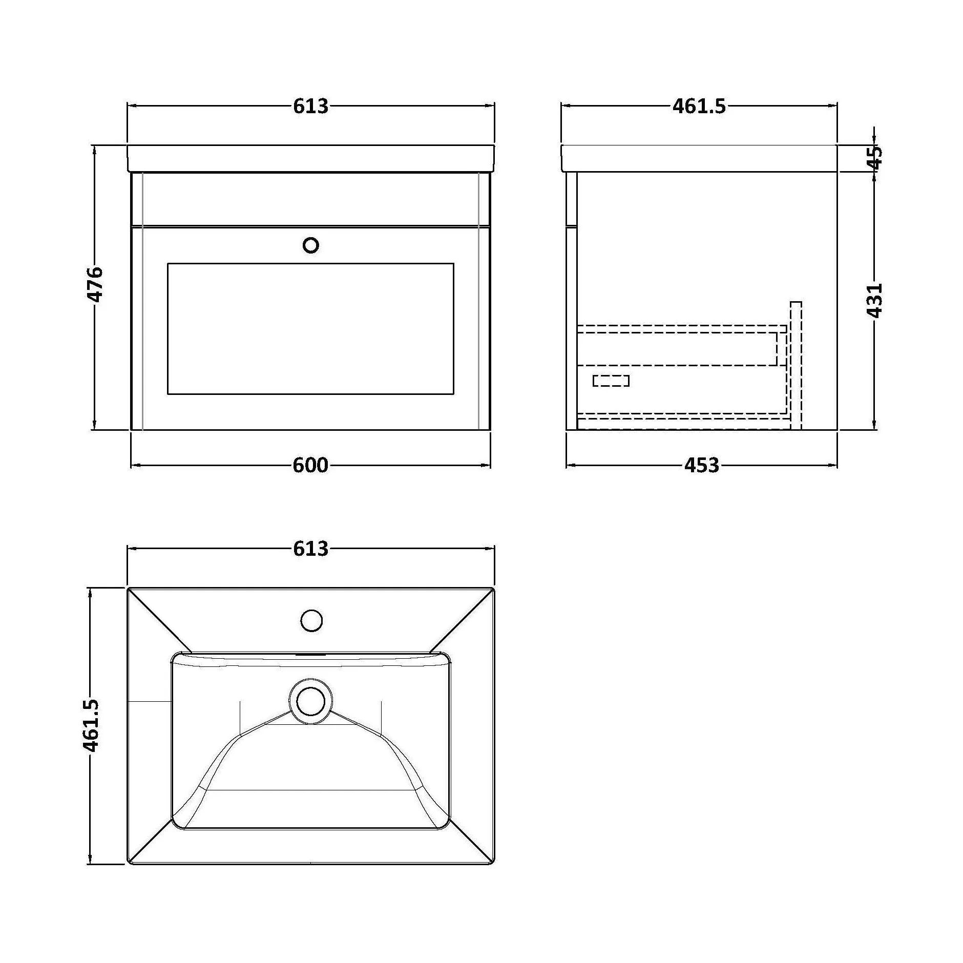 Swynnerton Traditional 1 Drawer Wall Hung Vanity Unit with Fireclay Basin, Dark Grey, 600mm - Image 2