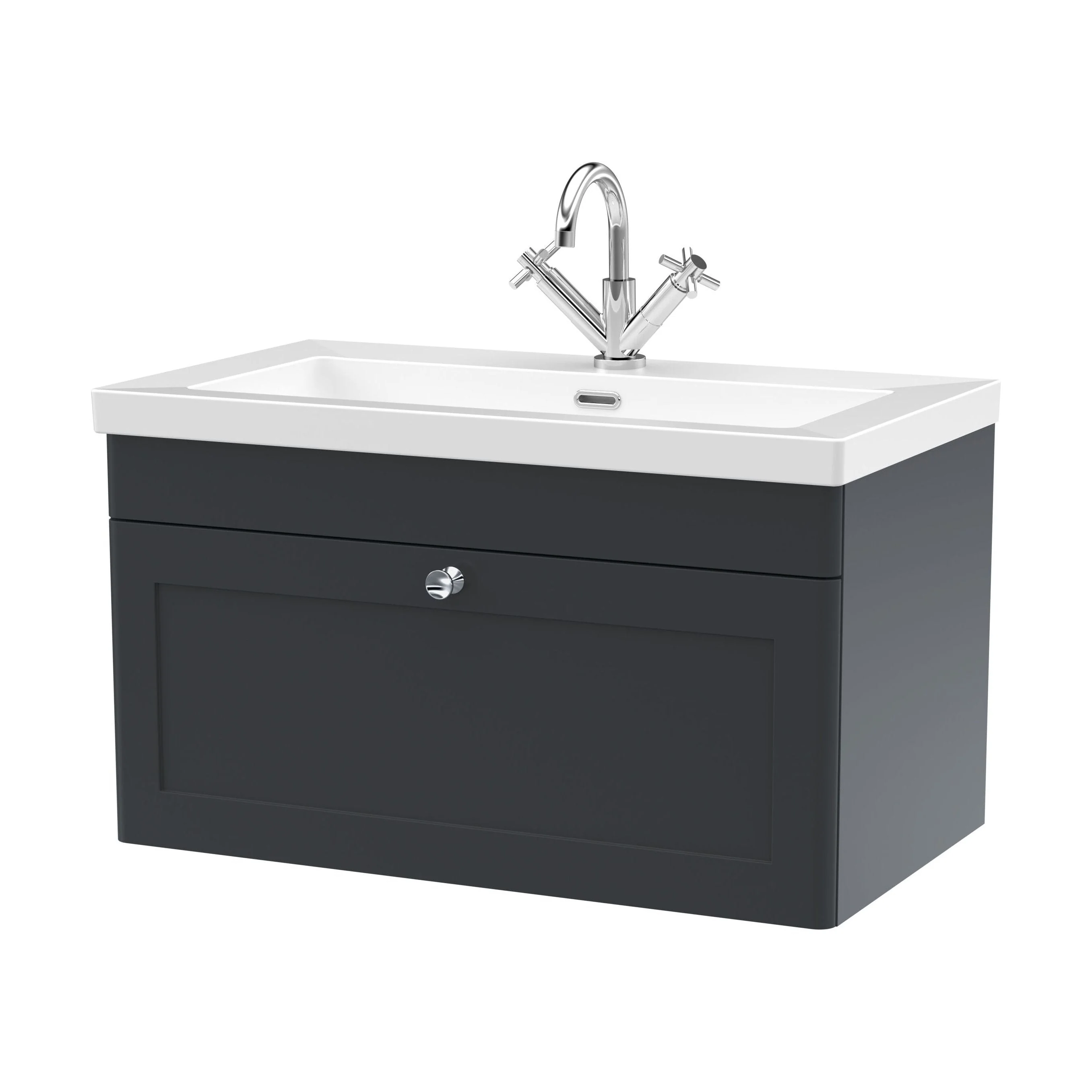 Swynnerton Traditional 1 Drawer Wall Hung Vanity Unit with Fireclay Basin, Dark Grey, 800mm