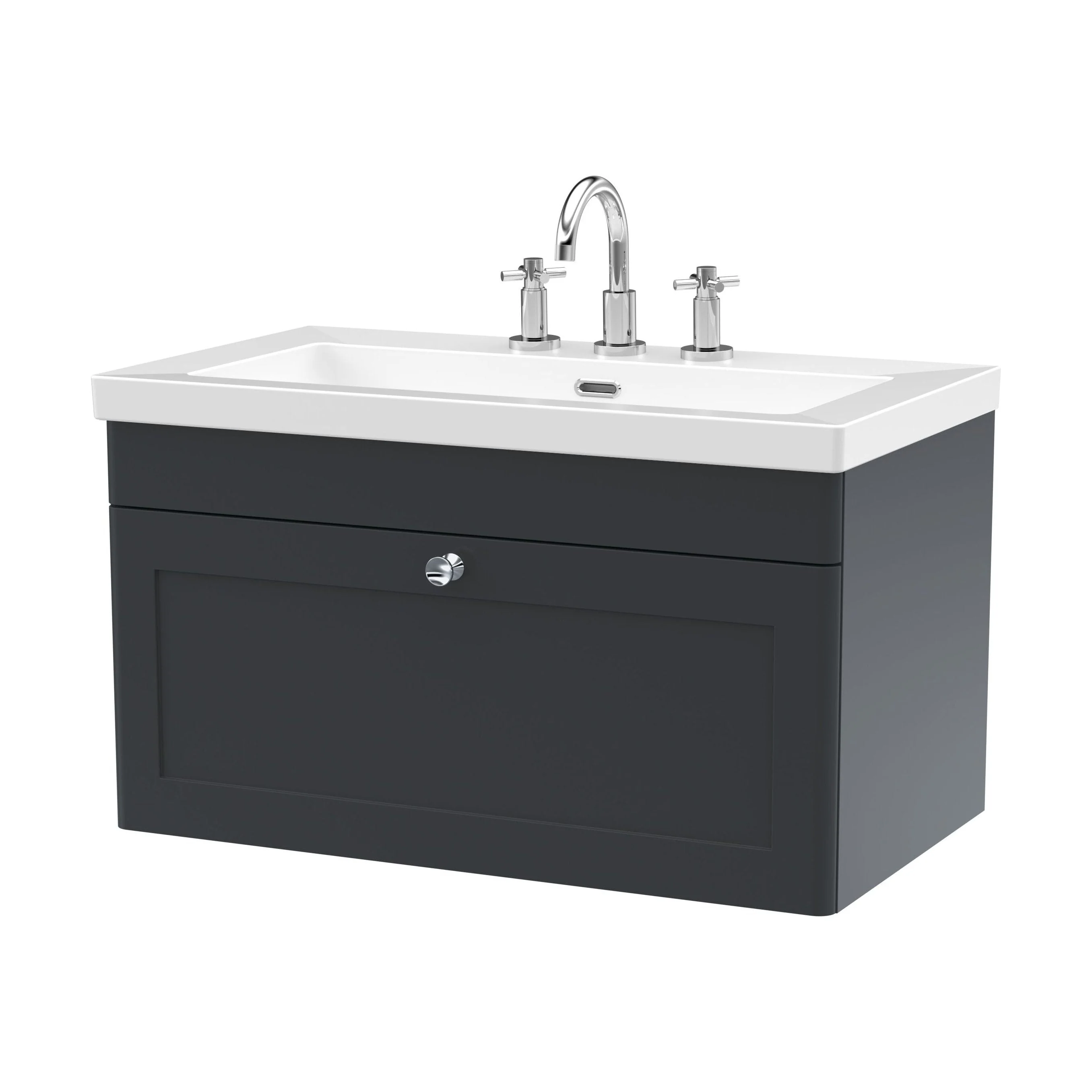 Swynnerton Traditional 1 Drawer Wall Hung Vanity Unit with Fireclay Basin, Dark Grey, 800mm