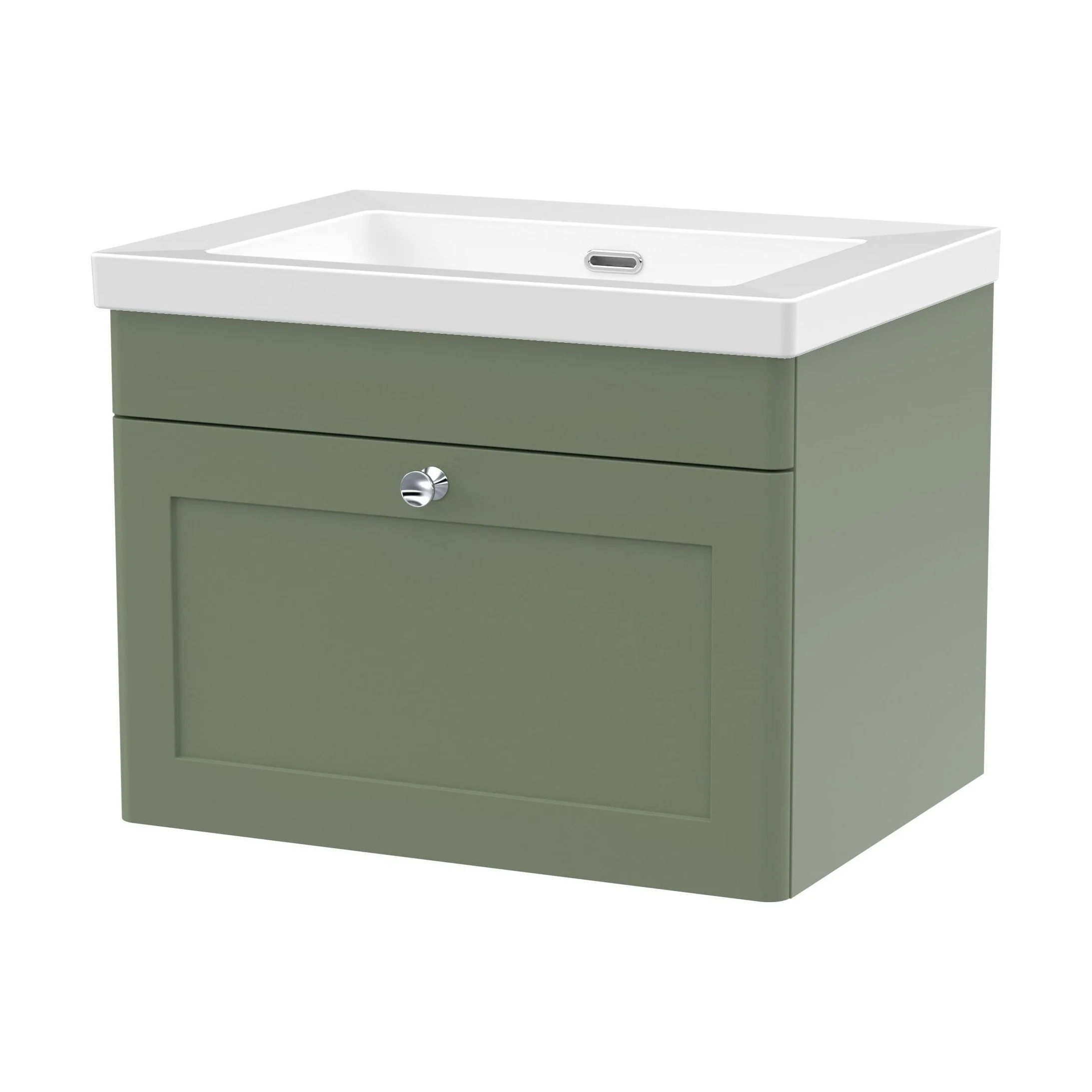 Swynnerton Traditional 1 Drawer Wall Hung Vanity Unit with Fireclay Basin, Satin Green, 600mm