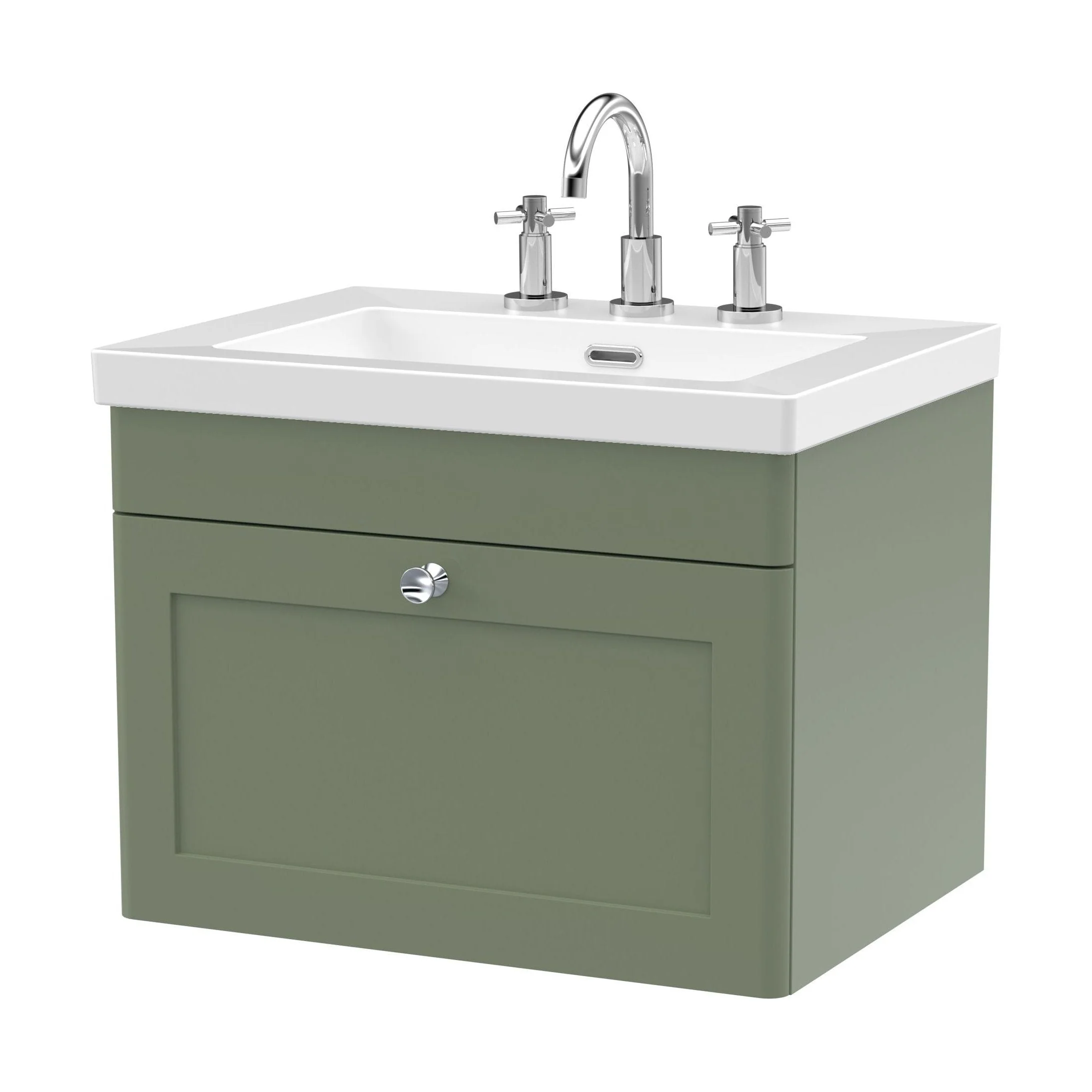 Swynnerton Traditional 1 Drawer Wall Hung Vanity Unit with Fireclay Basin, Satin Green, 600mm
