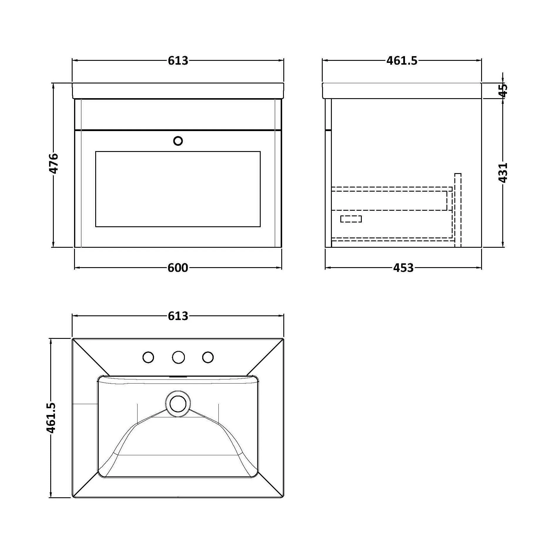 Swynnerton Traditional 1 Drawer Wall Hung Vanity Unit with Fireclay Basin, Satin Green, 600mm - Image 2