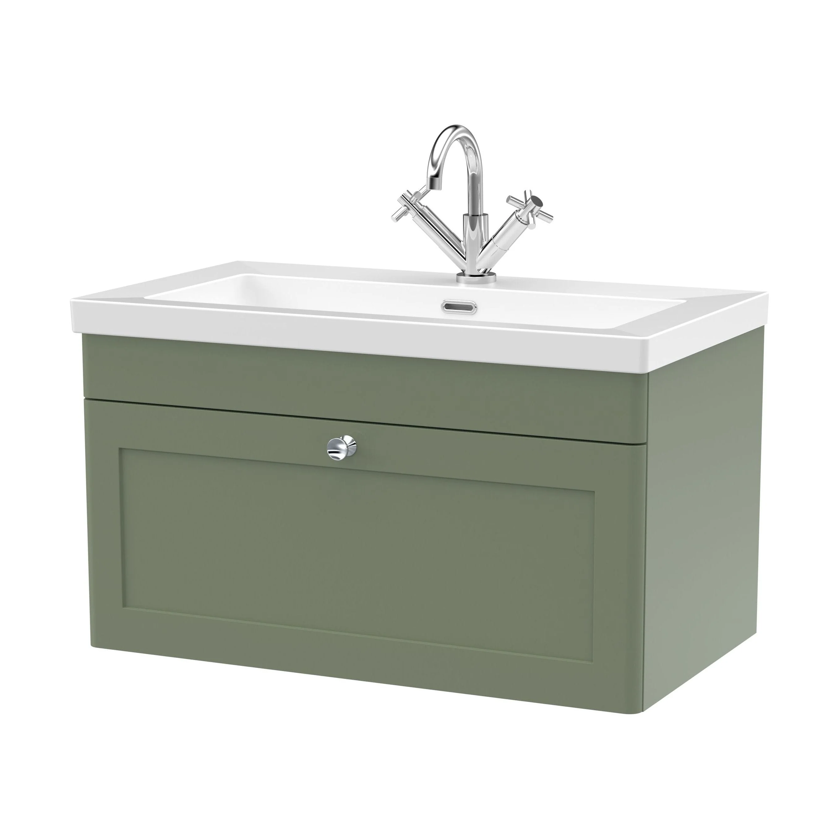 Swynnerton Traditional 1 Drawer Wall Hung Vanity Unit with Fireclay Basin, Satin Green, 800mm