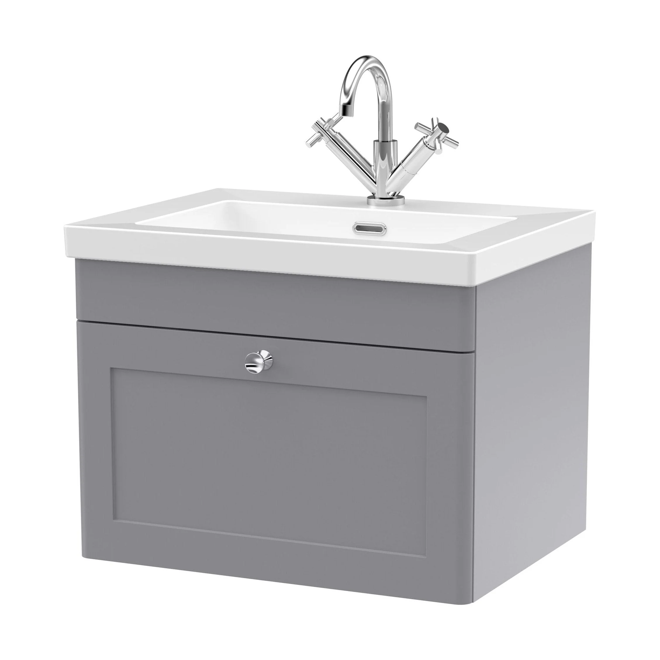 Swynnerton Traditional 1 Drawer Wall Hung Vanity Unit with Fireclay Basin, Satin Grey, 600mm