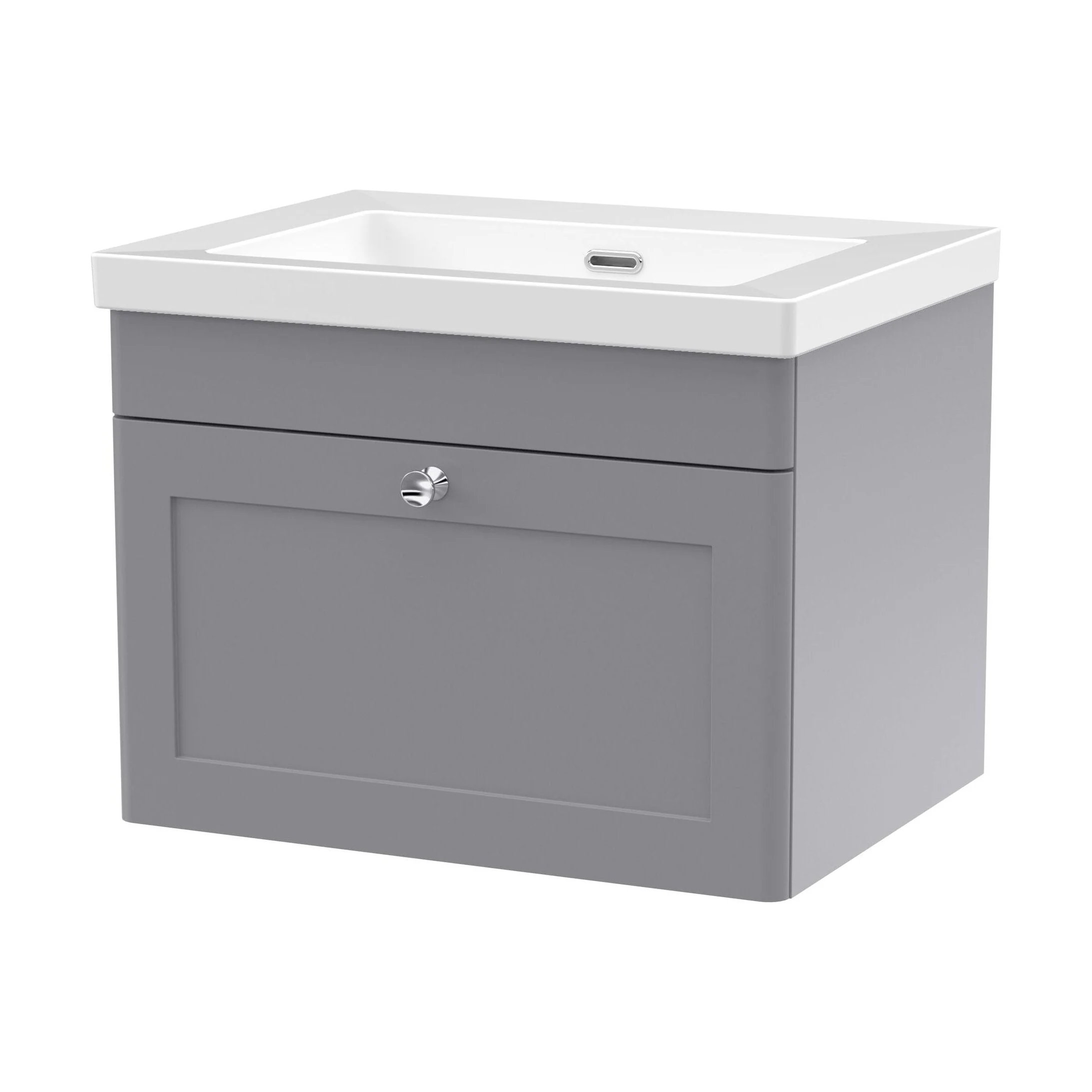 Swynnerton Traditional 1 Drawer Wall Hung Vanity Unit with Fireclay Basin, Satin Grey, 600mm