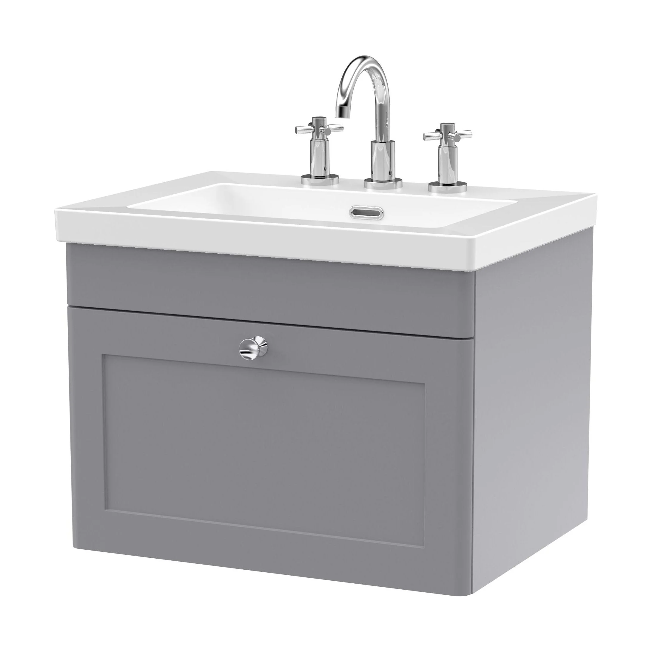 Swynnerton Traditional 1 Drawer Wall Hung Vanity Unit with Fireclay Basin, Satin Grey, 600mm