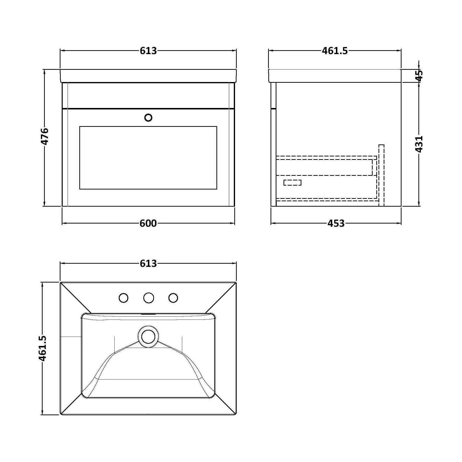Swynnerton Traditional 1 Drawer Wall Hung Vanity Unit with Fireclay Basin, Satin Grey, 600mm - Image 2