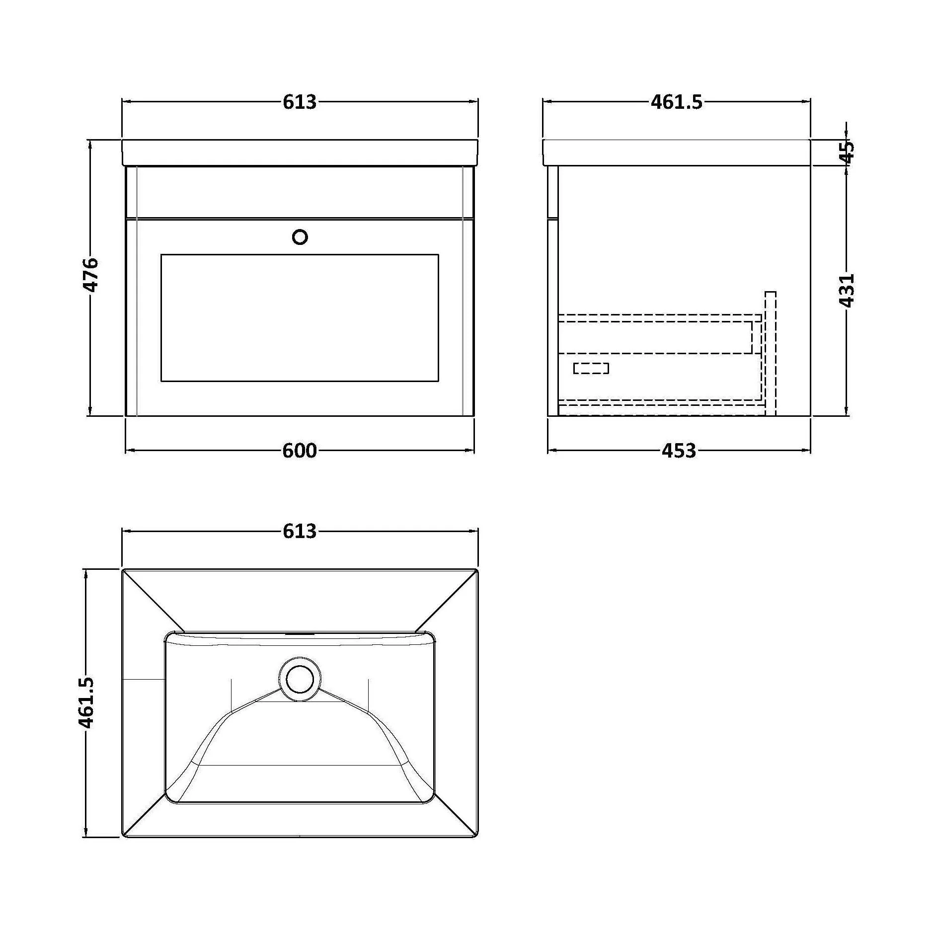 Swynnerton Traditional 1 Drawer Wall Hung Vanity Unit with Fireclay Basin, Satin Grey, 600mm - Image 2