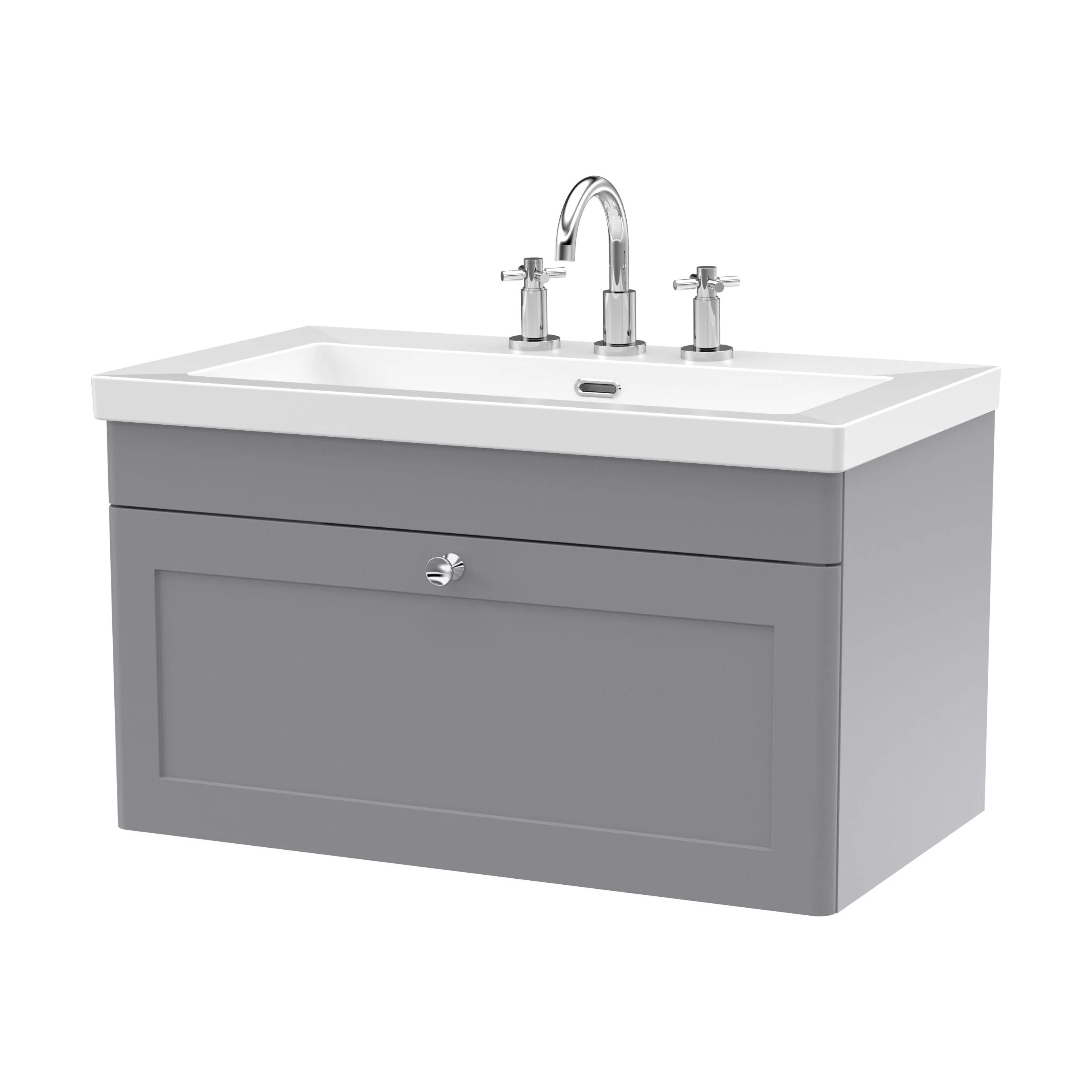 Swynnerton Traditional 1 Drawer Wall Hung Vanity Unit with Fireclay Basin, Satin Grey, 800mm
