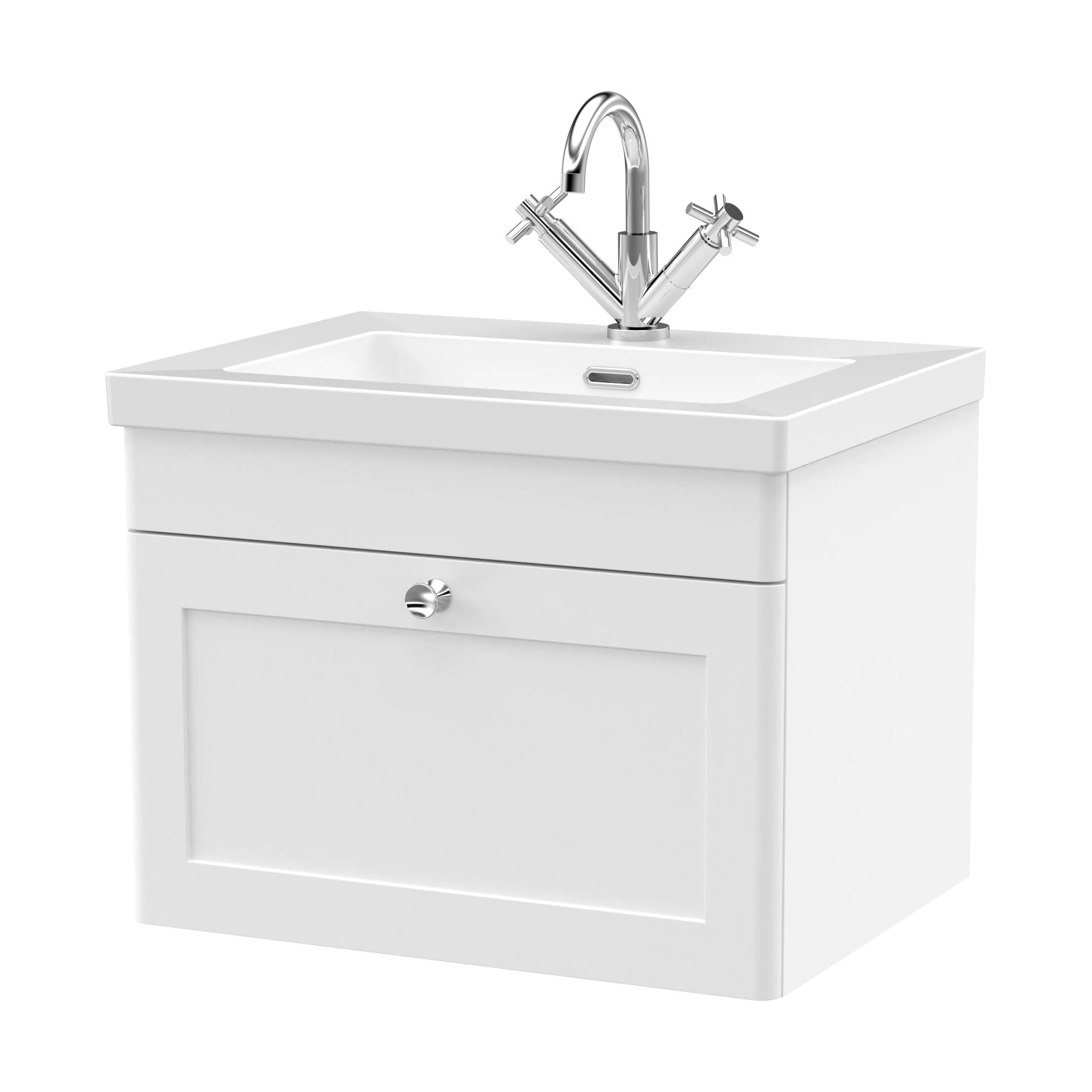 Swynnerton Traditional 1 Drawer Wall Hung Vanity Unit with Fireclay Basin, Satin White, 600mm