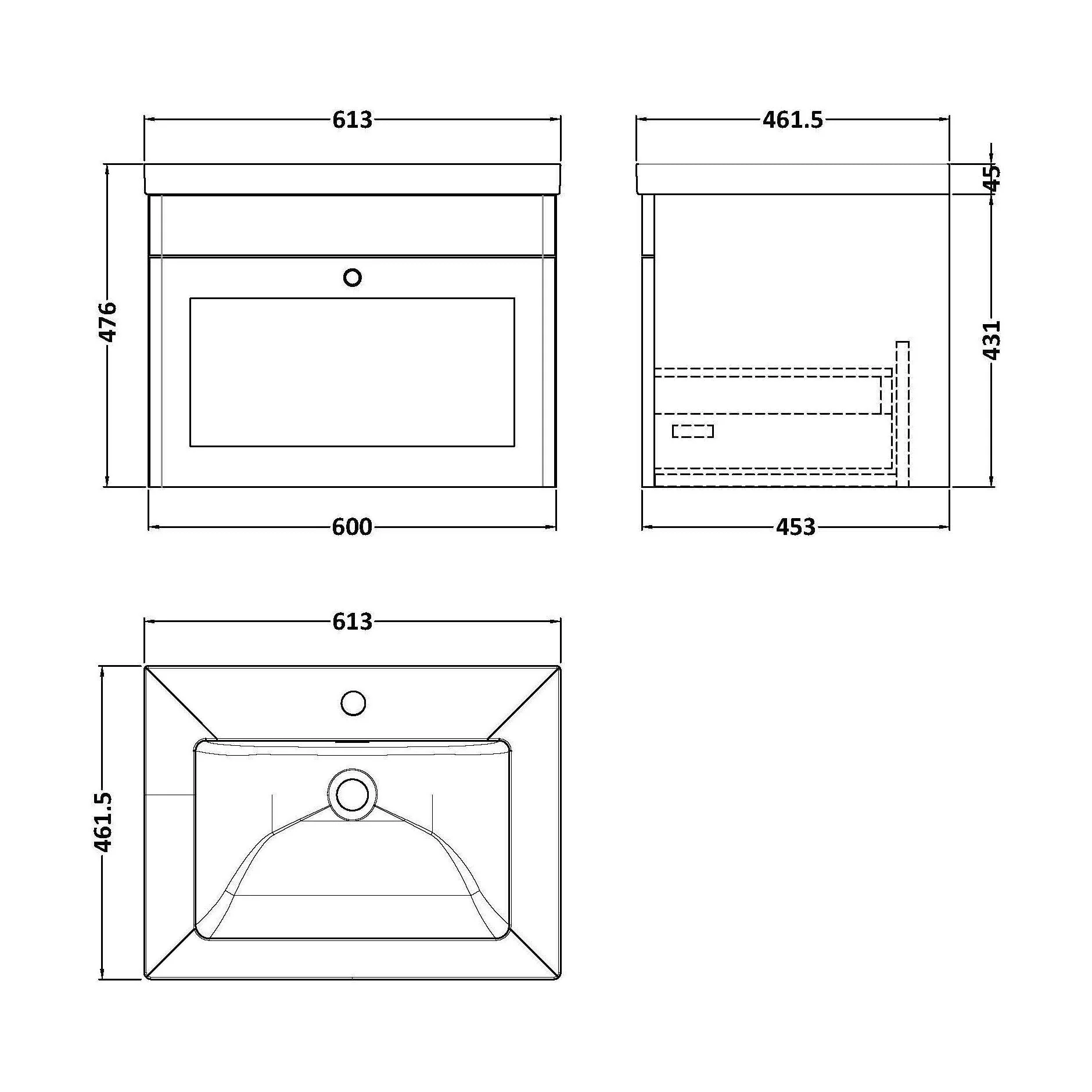 Swynnerton Traditional 1 Drawer Wall Hung Vanity Unit with Fireclay Basin, Satin White, 600mm - Image 2