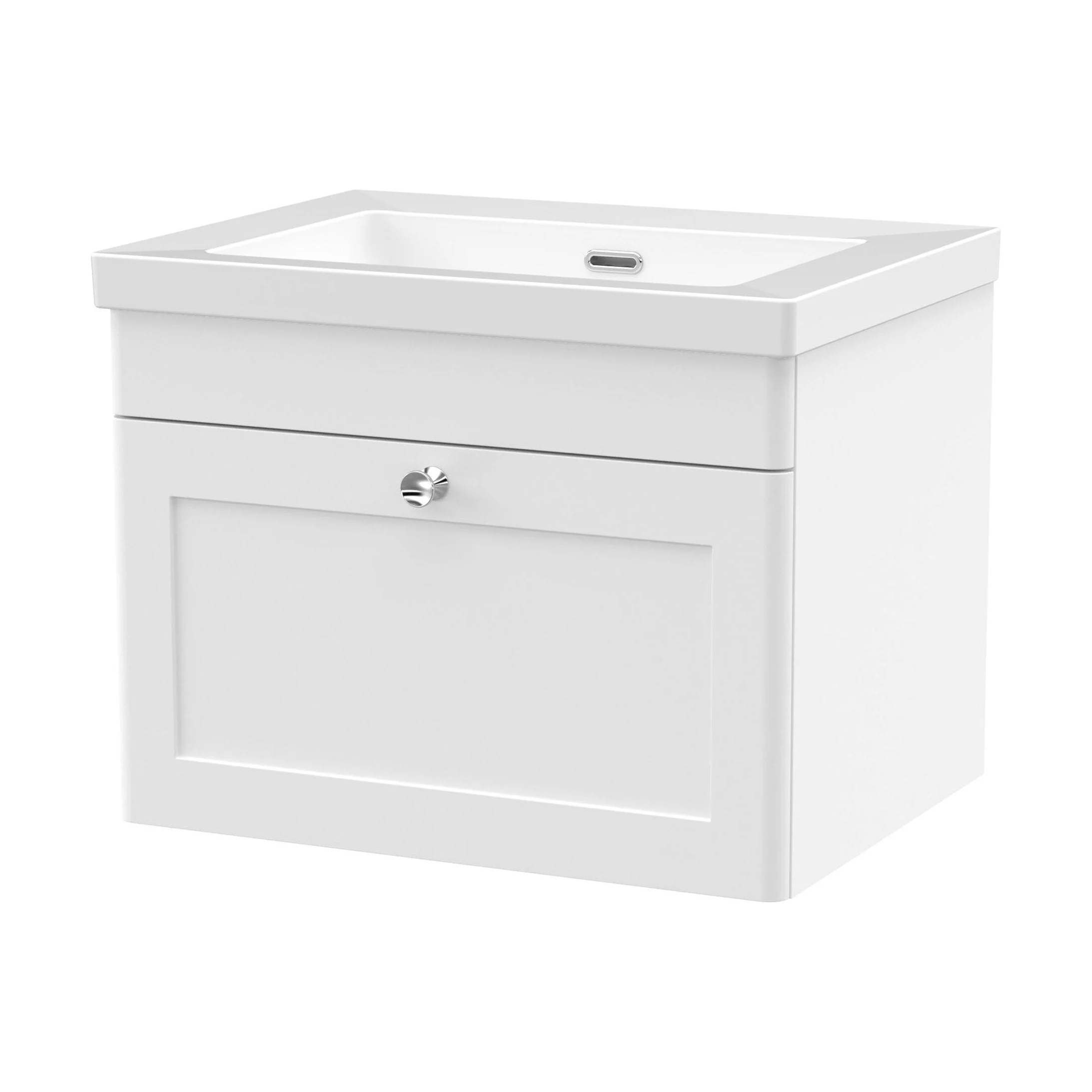 Swynnerton Traditional 1 Drawer Wall Hung Vanity Unit with Fireclay Basin, Satin White, 600mm