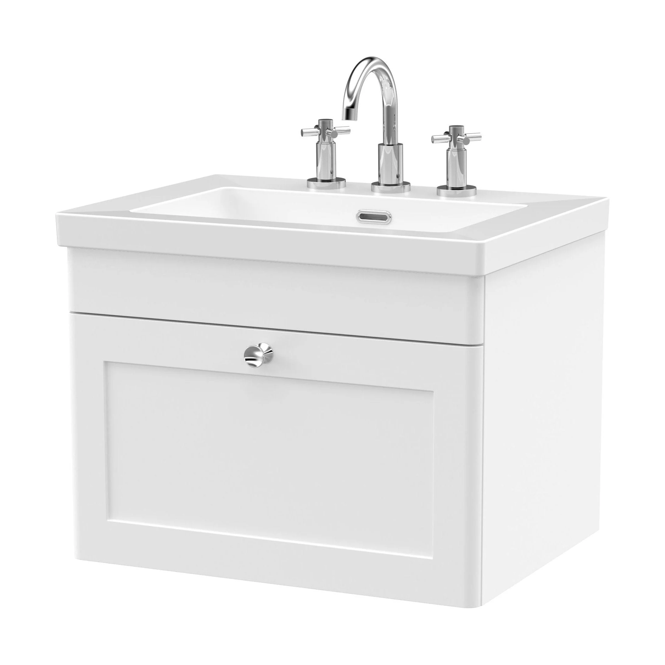 Swynnerton Traditional 1 Drawer Wall Hung Vanity Unit with Fireclay Basin, Satin White, 600mm