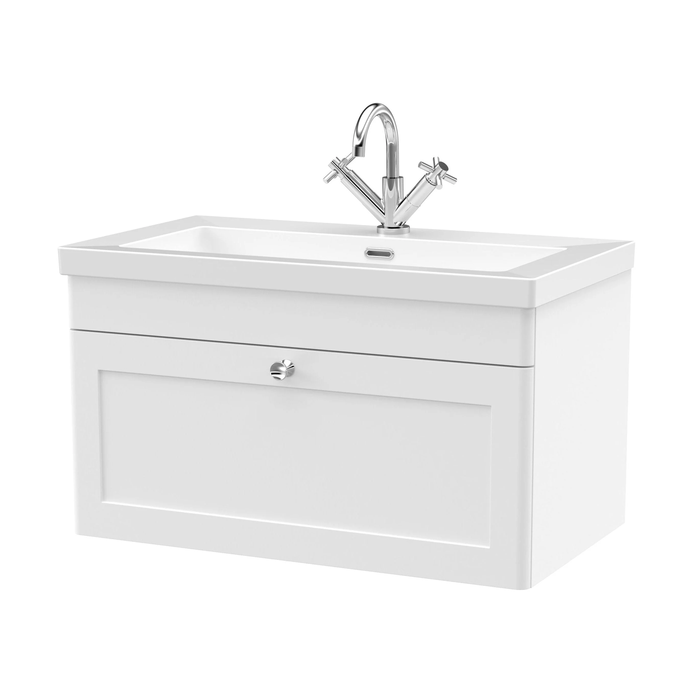 Swynnerton Traditional 1 Drawer Wall Hung Vanity Unit with Fireclay Basin, Satin White, 800mm